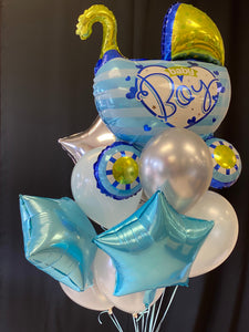 Baby shower balloon arrangement with extra large stroller balloon