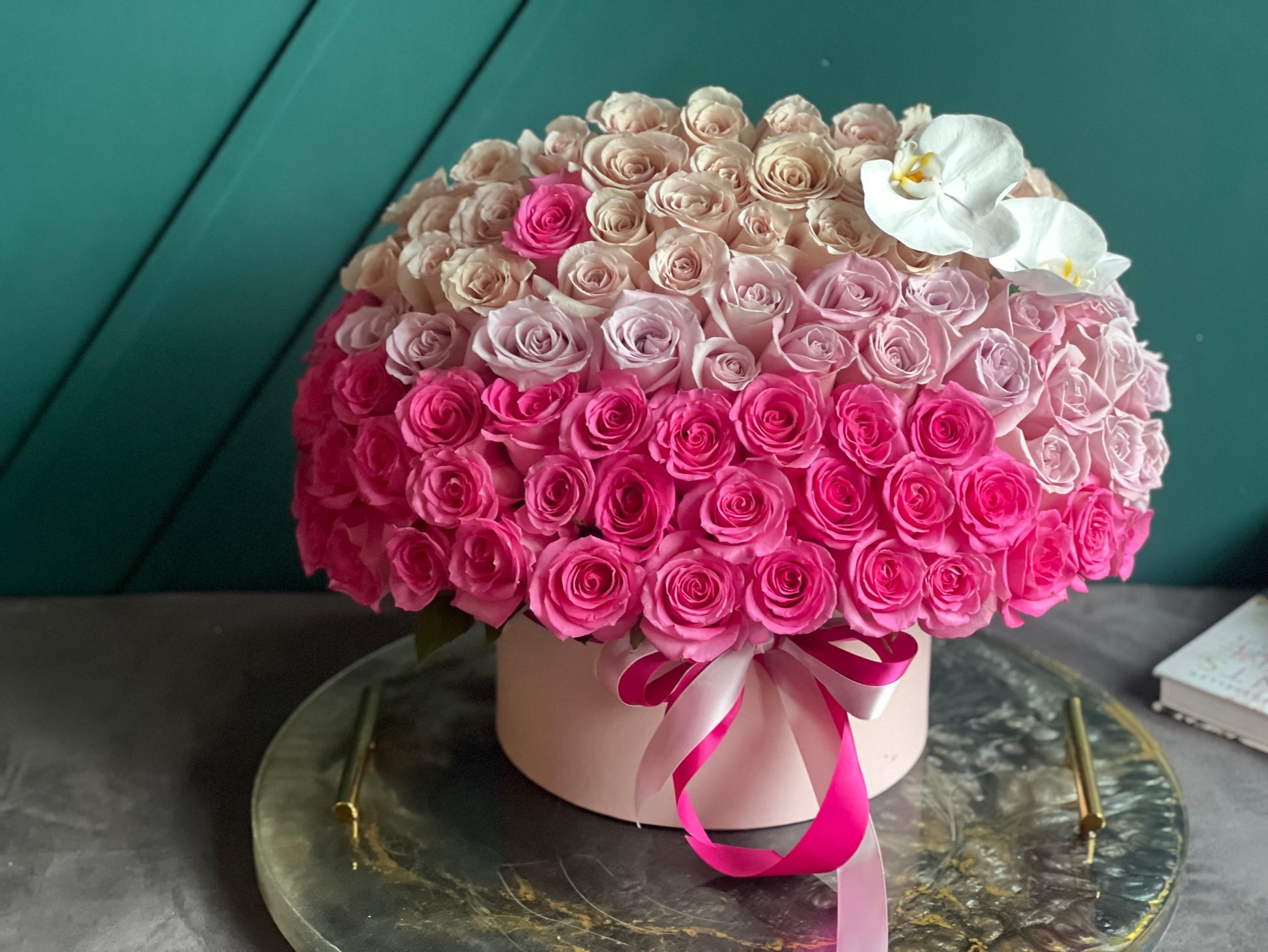 Beautiful ombré rose box with pink blush and white roses