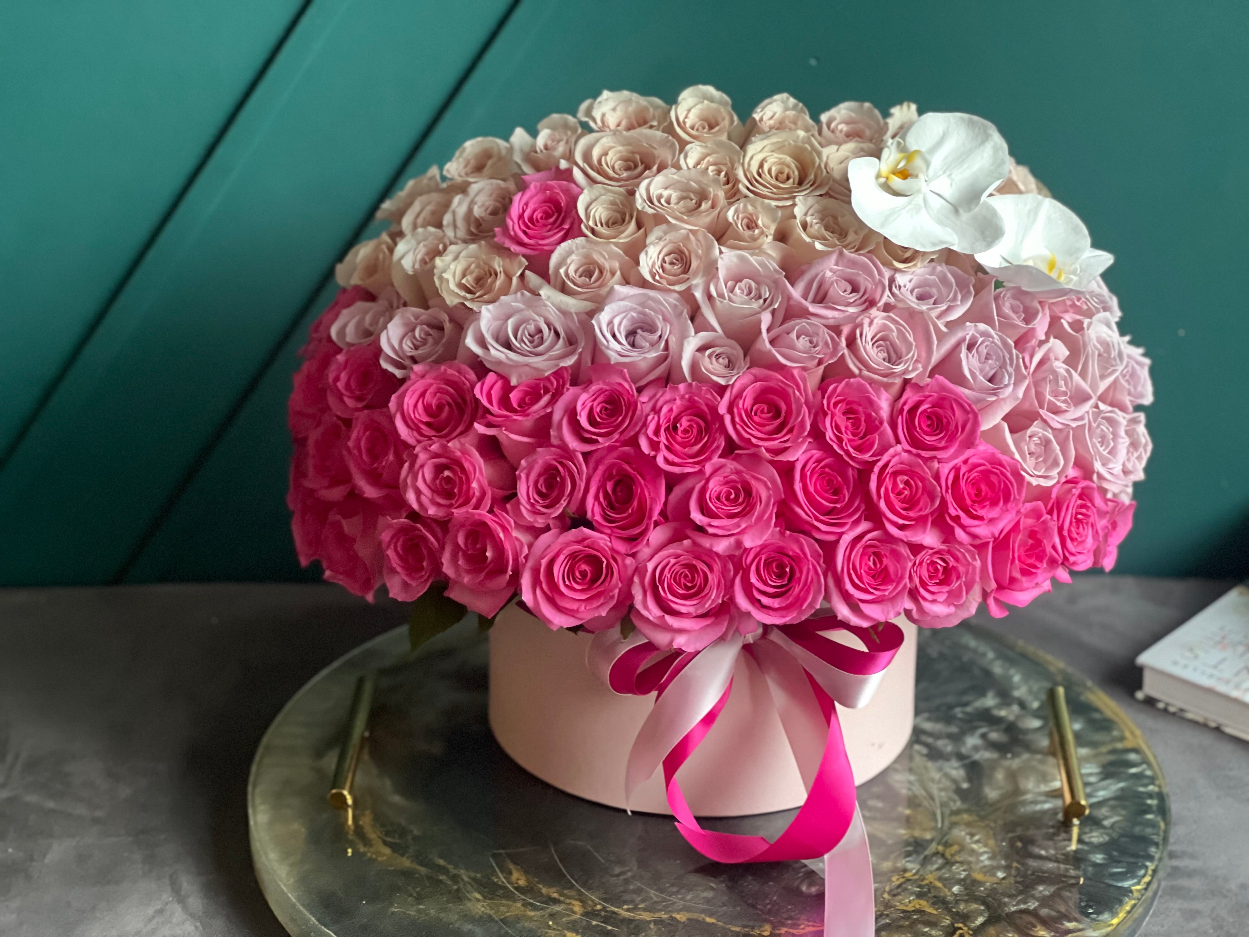 Beautiful ombré rose box with pink blush and white roses