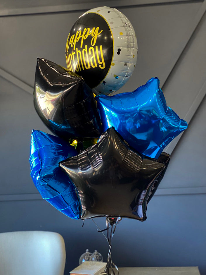 Black gold and royal blue balloon bouquet for delivery in Miami