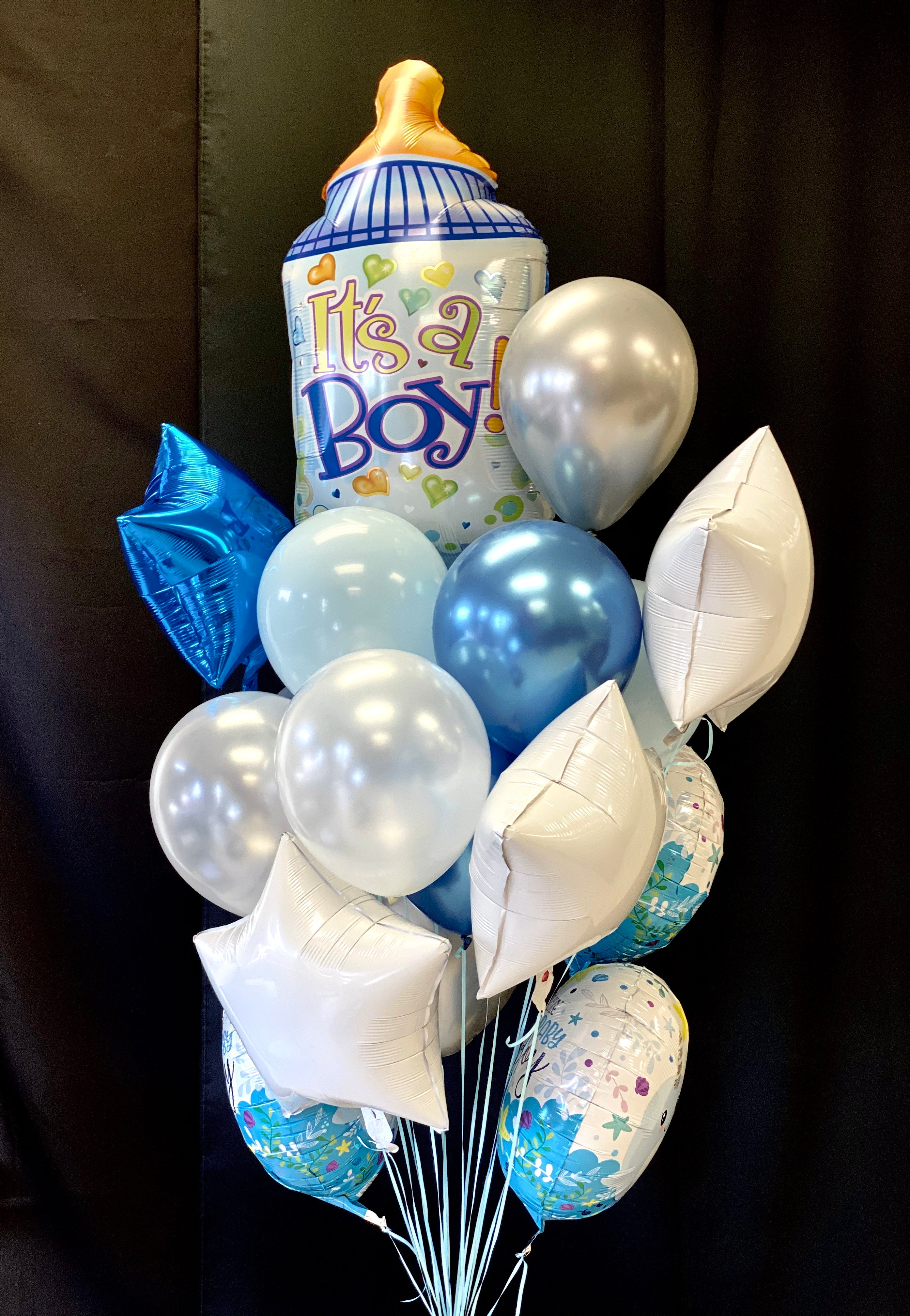 Blue and white newborn balloon arrangement with foil and latex balloons
