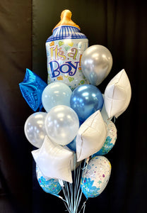 Blue and white newborn balloon arrangement with foil and latex balloons