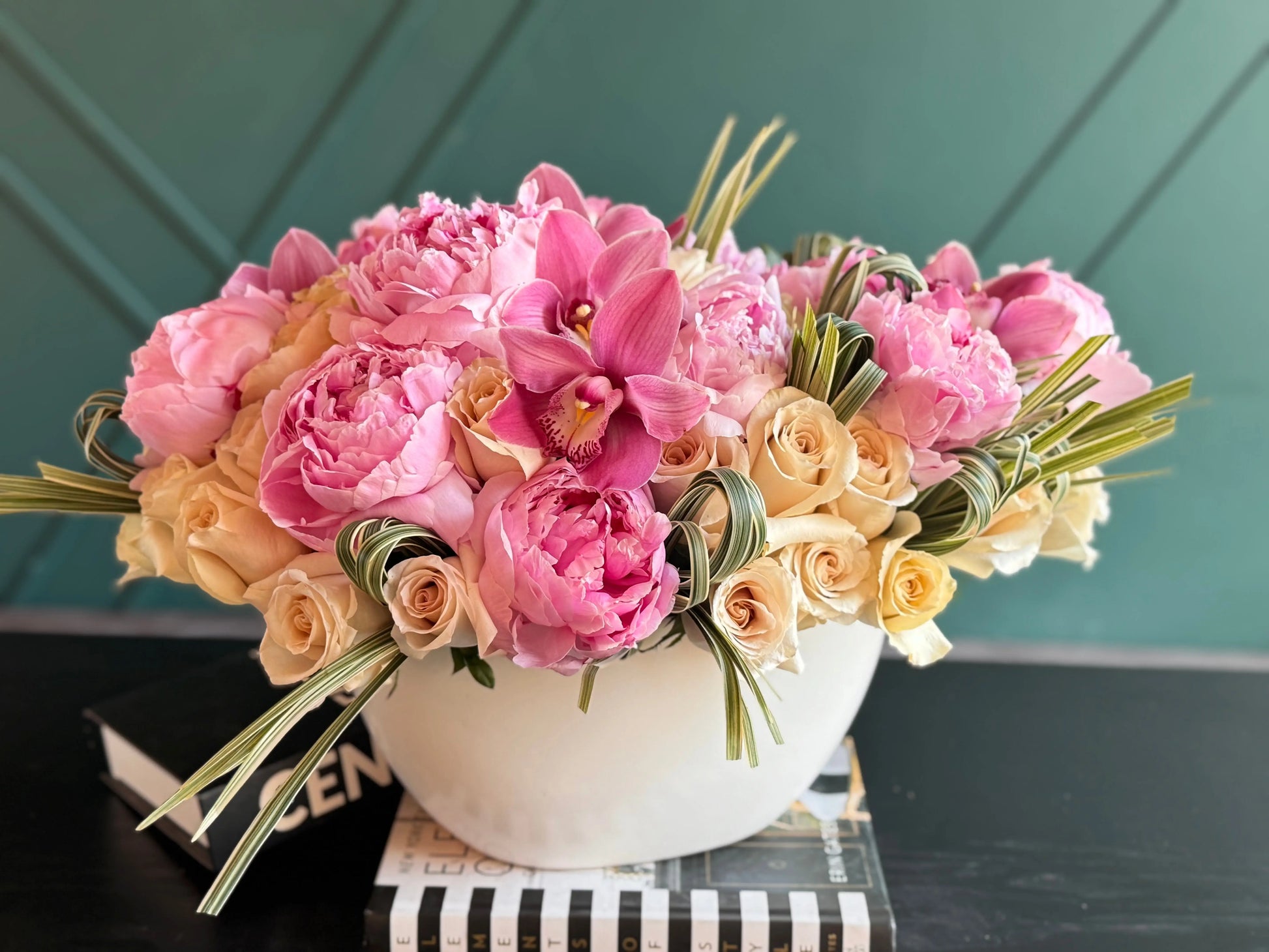 Blush peonies cappuccino roses and orchids arrangement for Miami delivery