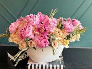 Blush peonies cappuccino roses and orchids arrangement for Miami delivery