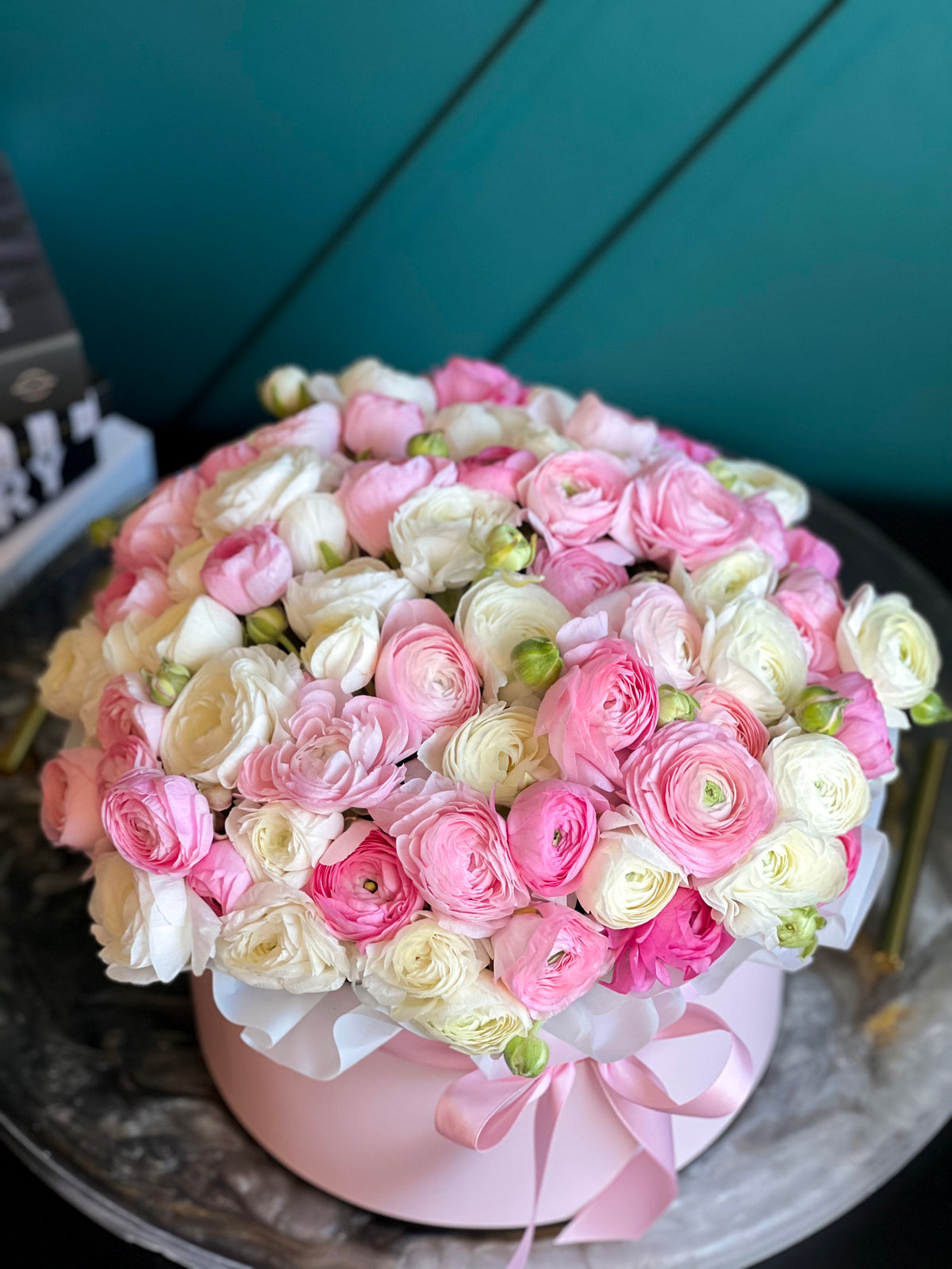 Blush pink and white ranunculus flower box in Miami