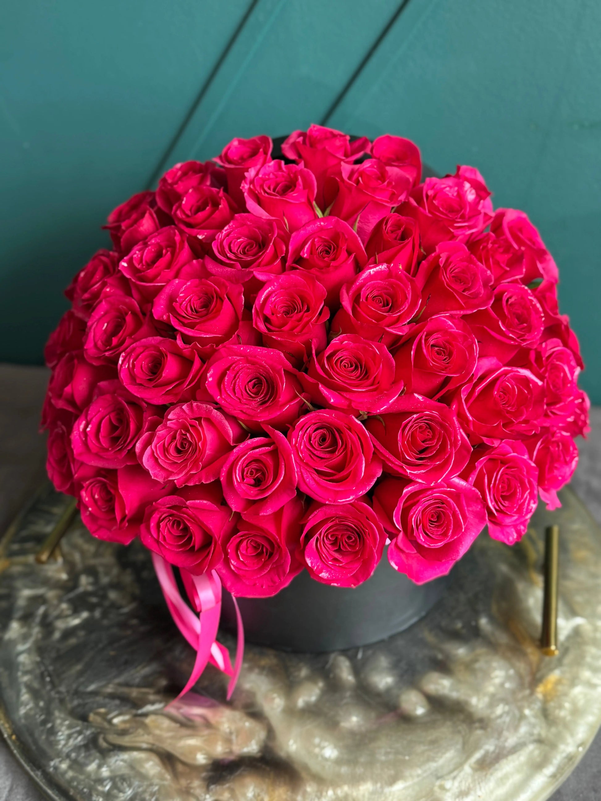 Bright pink rose box with 50 fresh roses by Luxury Flowers Miami