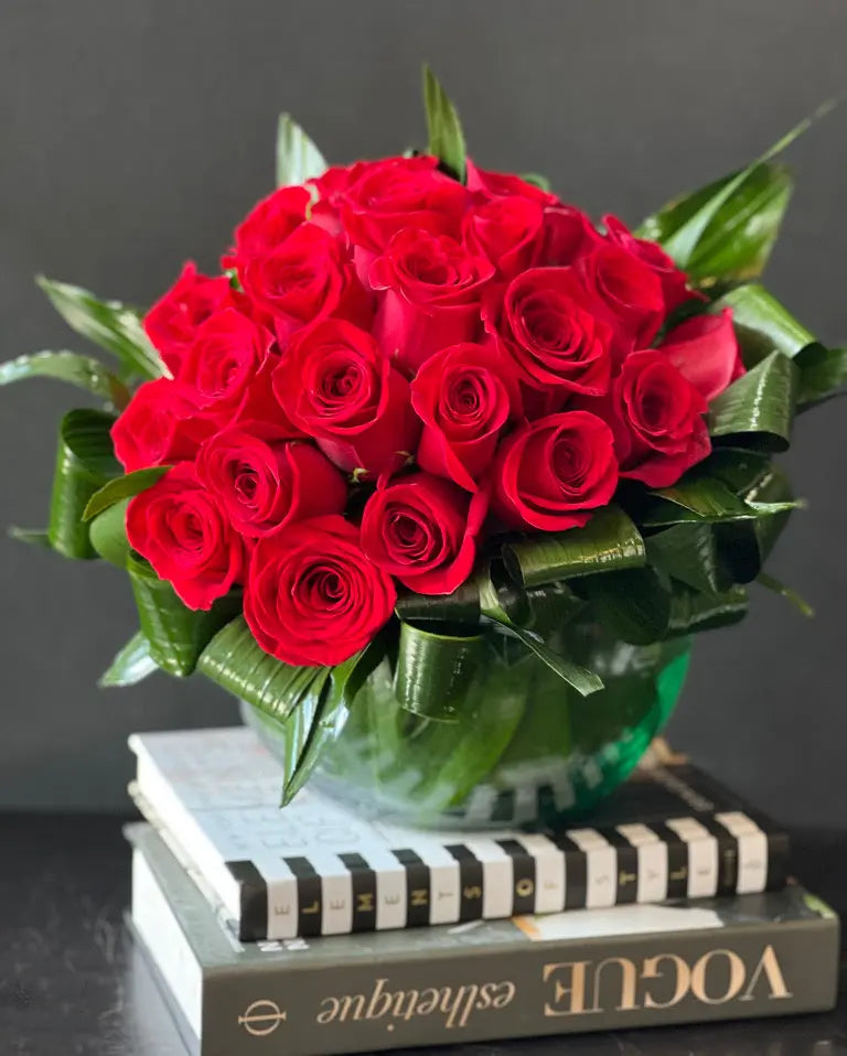 Two Dozen Red Roses in Vase | Luxury Rose Arrangement buy online Luxury Flowers Miami