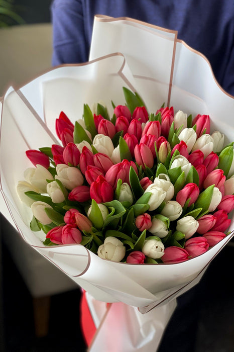 50 White and Red Tulips Hand-Crafted Bouquet