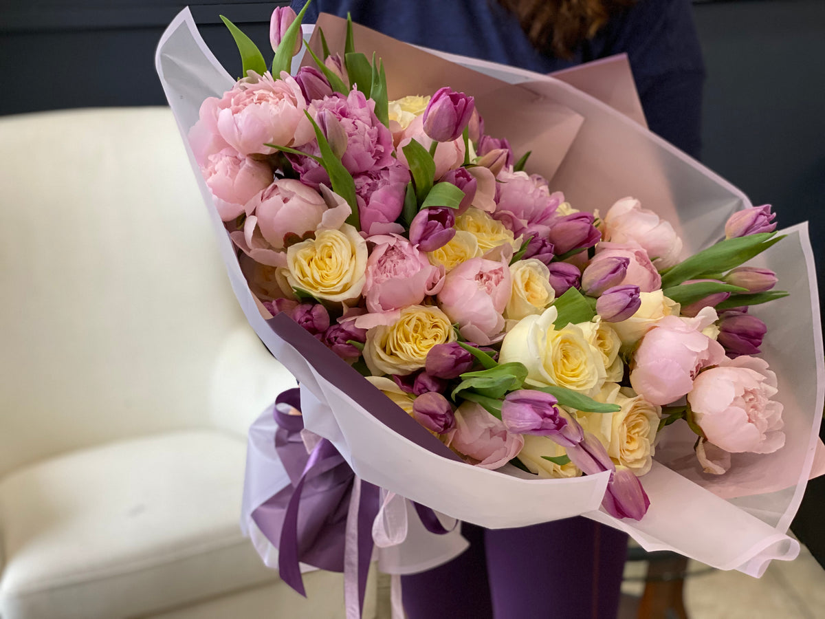 Christina hand-crafted European bouquet with roses peonies and tulips
