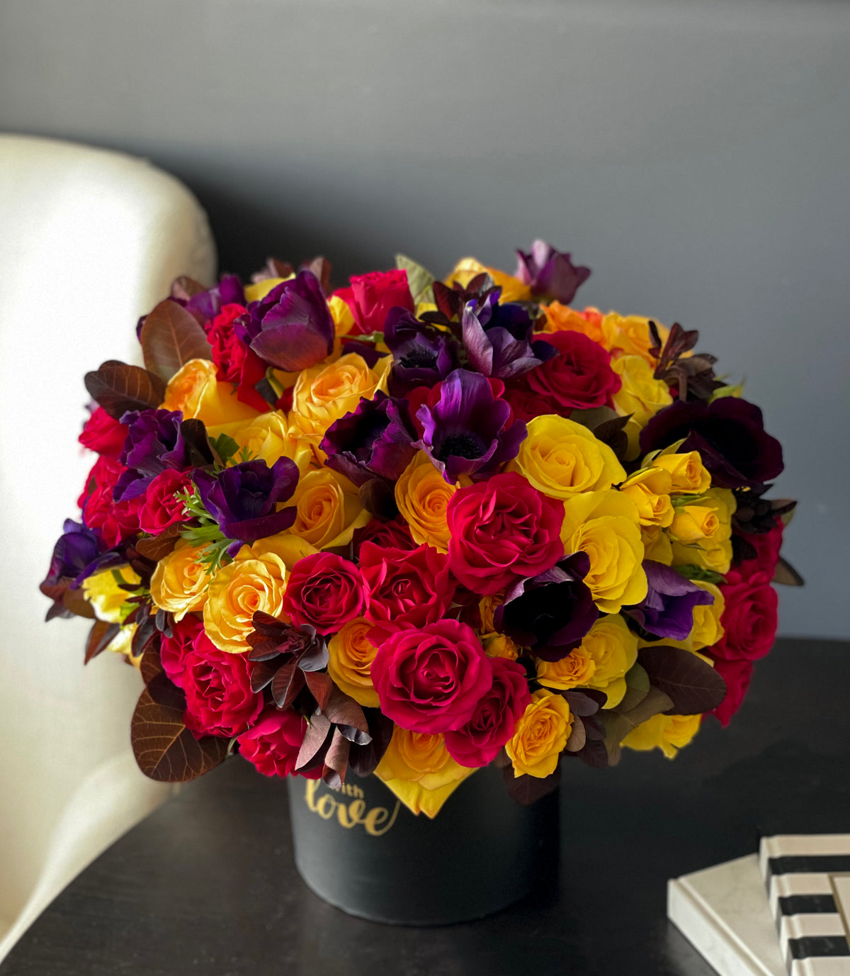 Colorful autumn flower arrangement with yellow roses in Miami