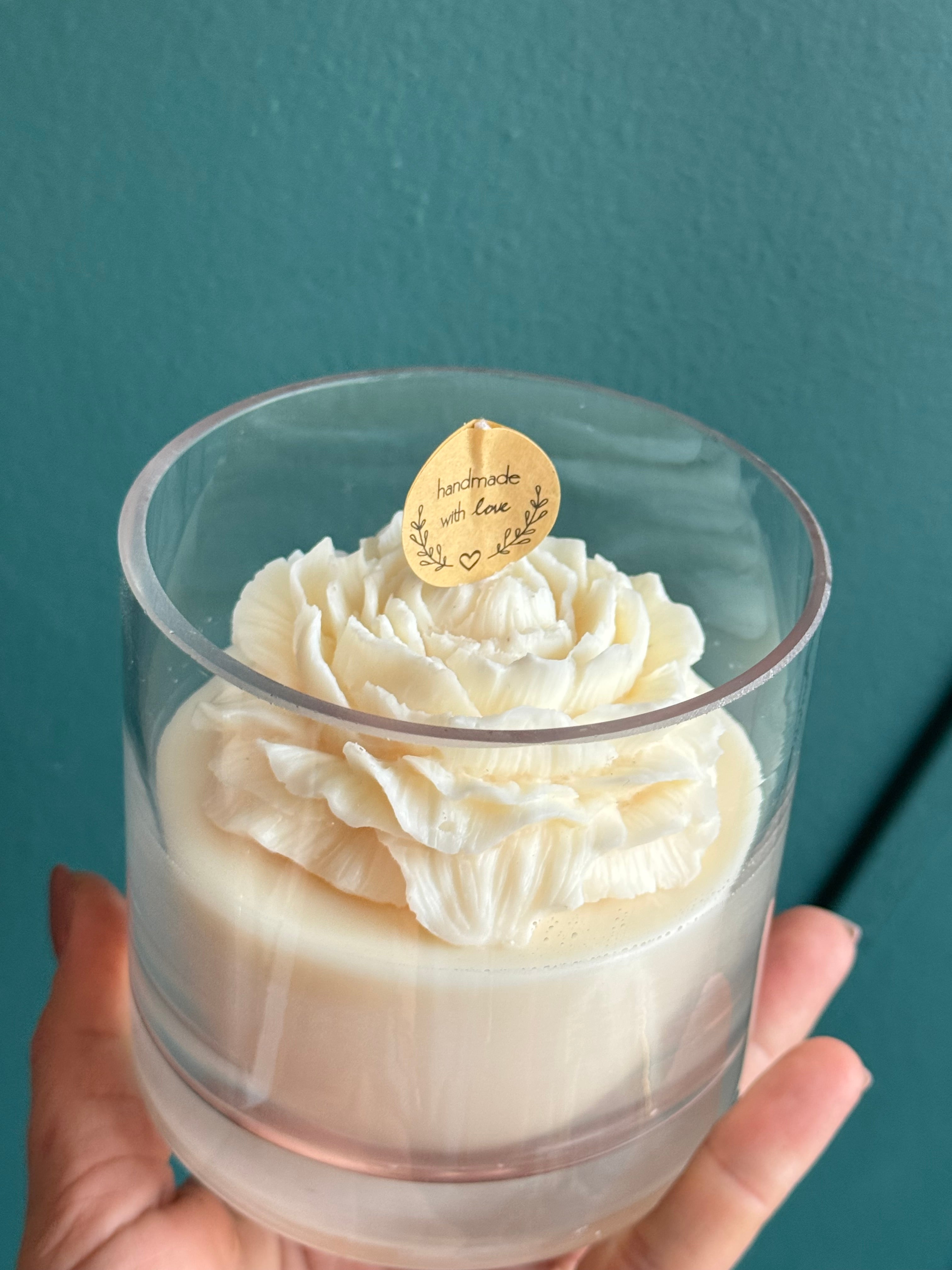 Cream handmade peony candle made with natural soy wax