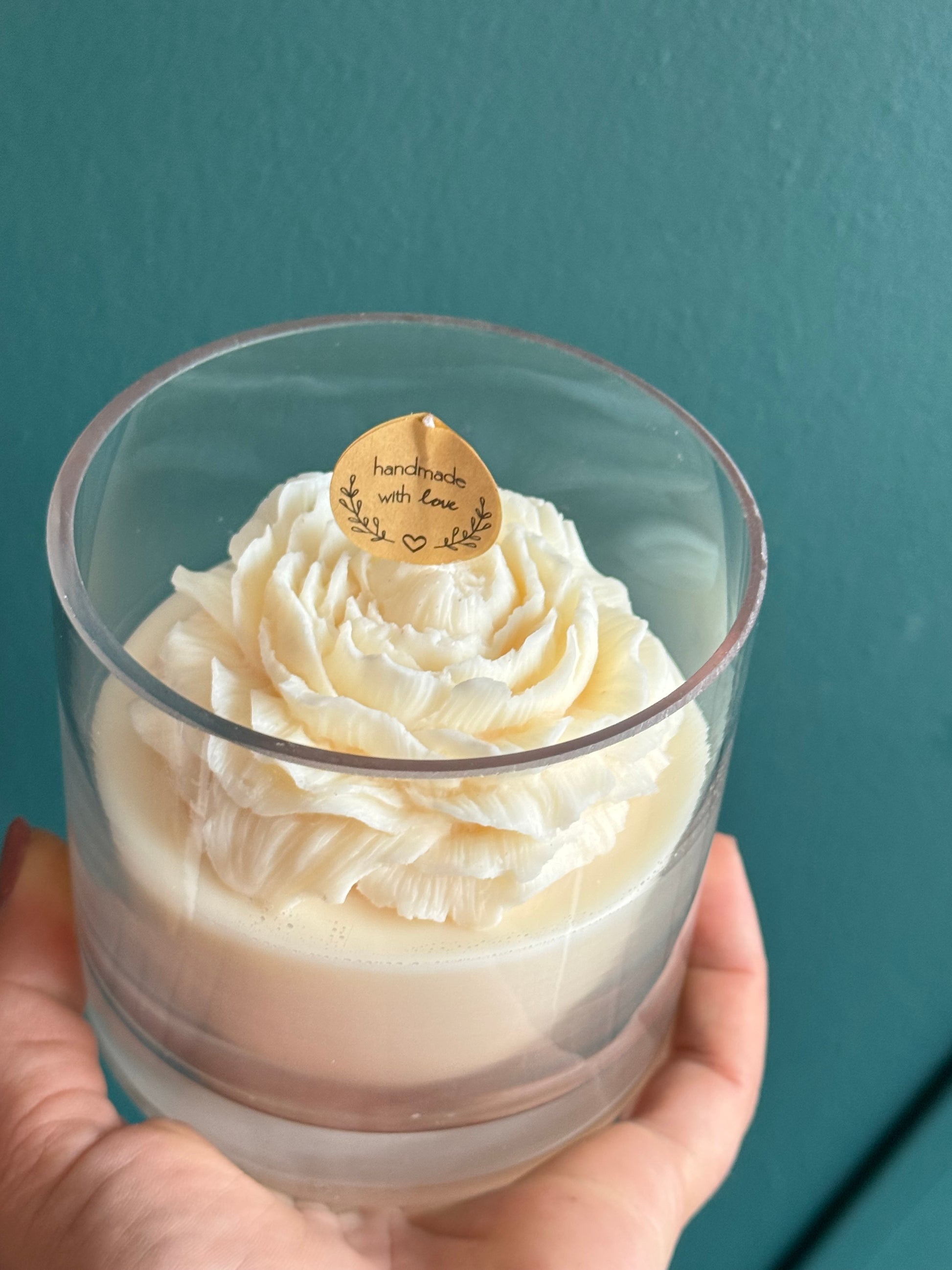 Cream peony flower candle made from natural soy wax