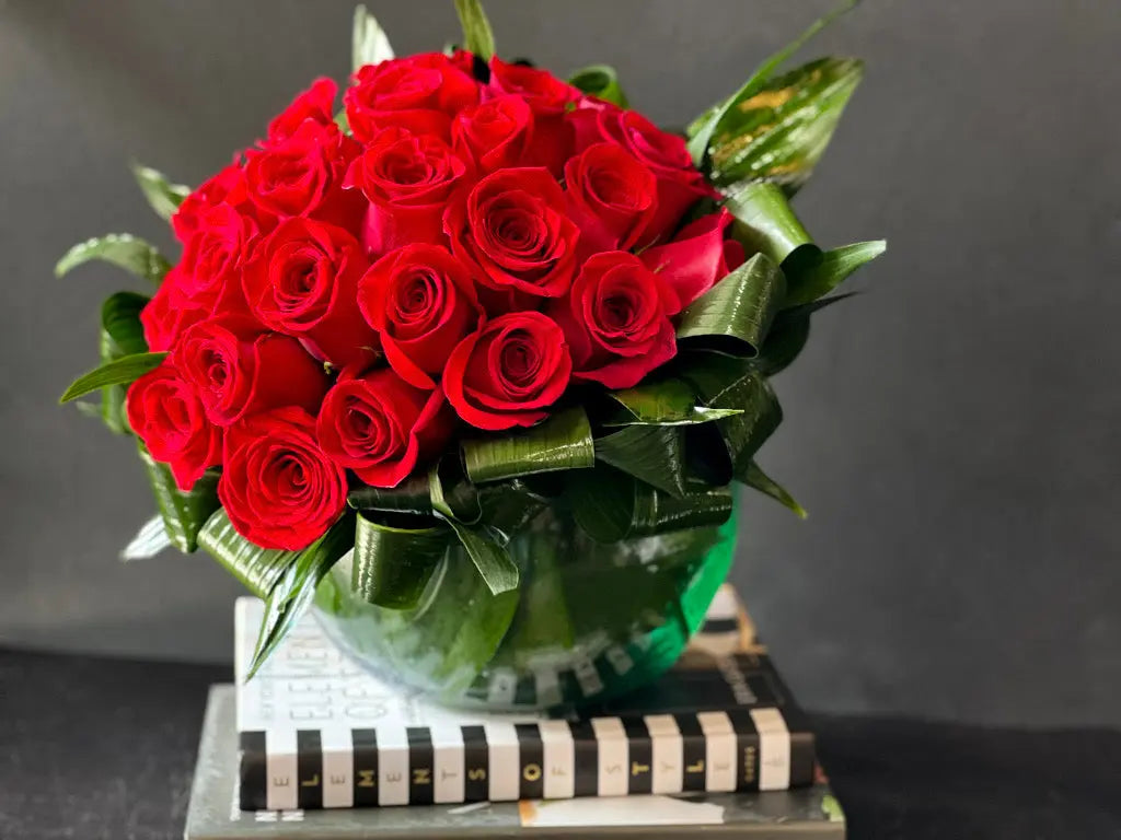 Two Dozen Red Roses in Vase | Luxury Rose Arrangement buy online Luxury Flowers Miami