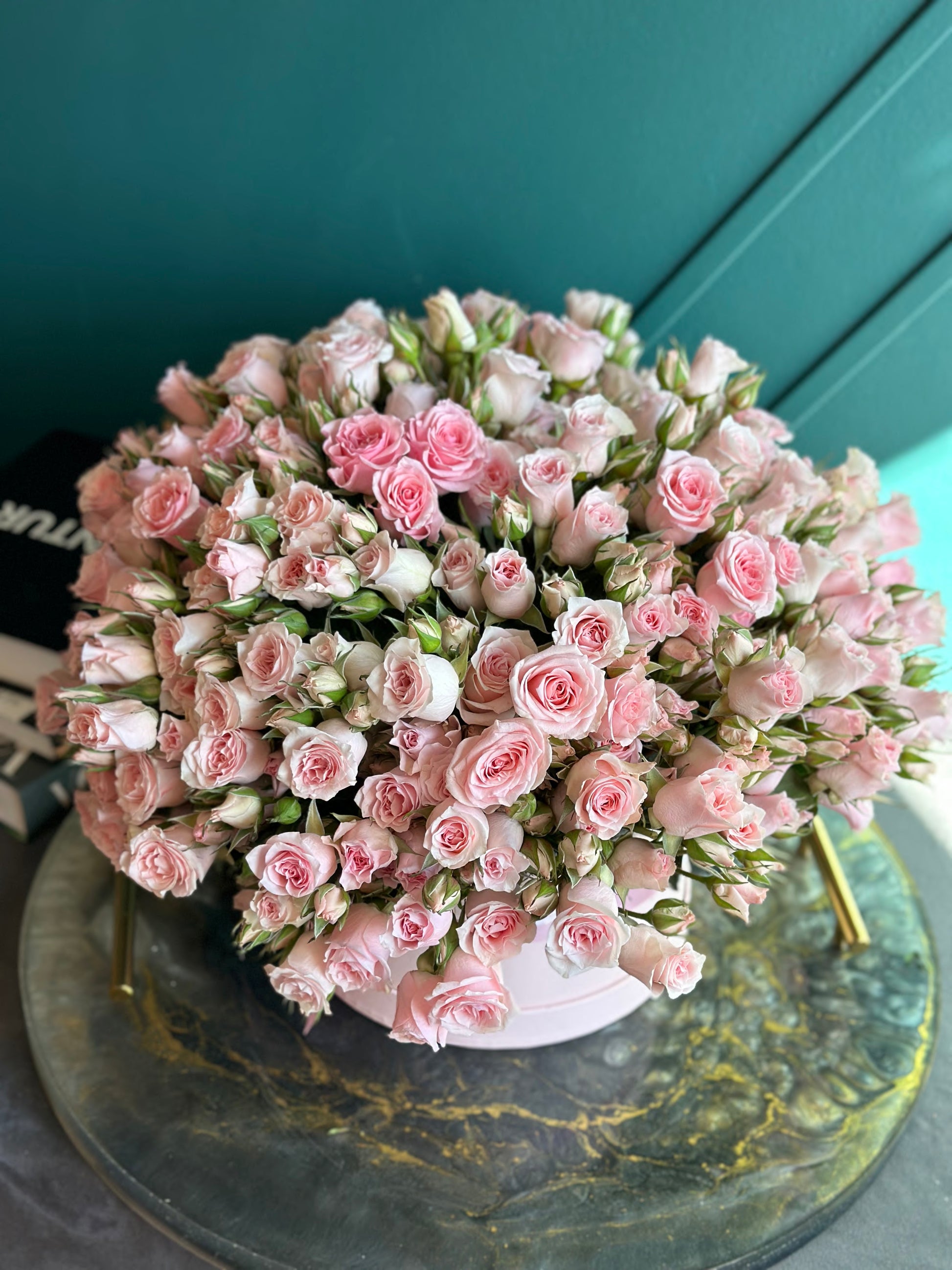 Delicate blush spray roses box handcrafted by Luxury Flowers Miami