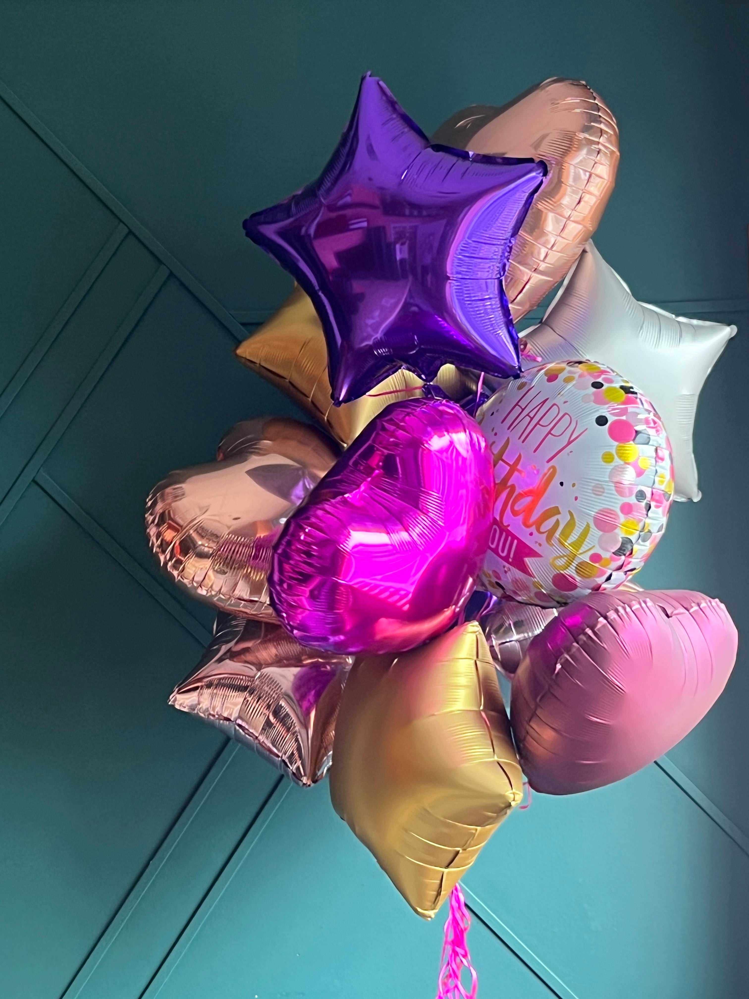 Dozen assorted pink purple and gold balloon bouquet by Luxury Flowers Miami
