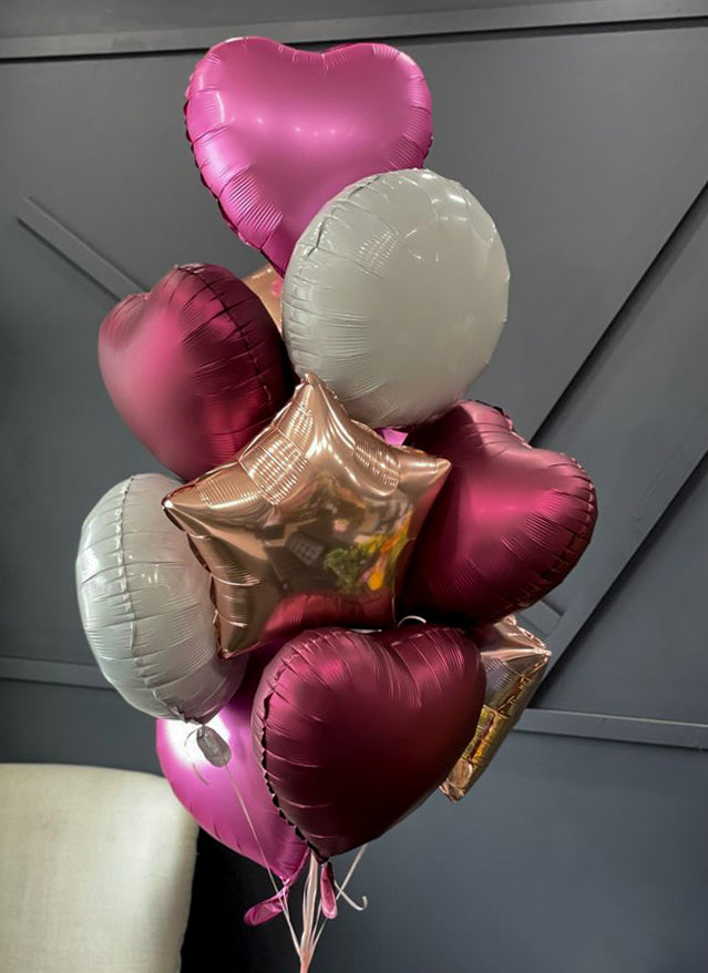 Dozen balloon bouquet with pink white and burgundy balloons