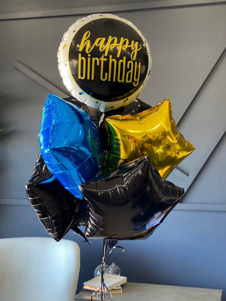 Dozen black gold and blue balloons arranged by Luxury Flowers Miami