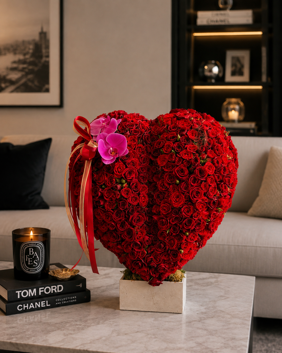 Miami proposal setup with floral arch, roses and MARRY ME letters