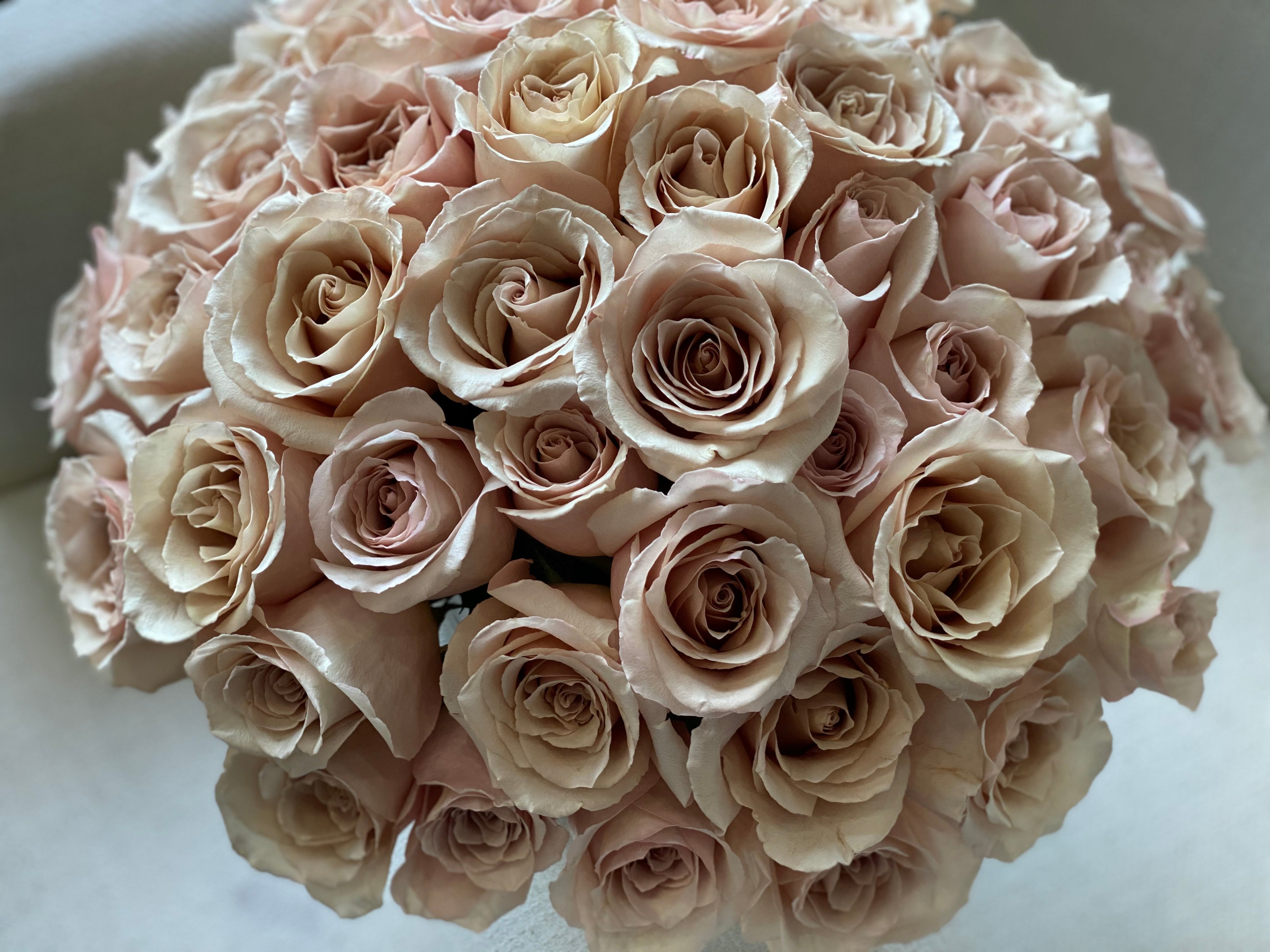 Elegant arrangement of 24 cappuccino roses in a vase by Luxury Flowers Miami