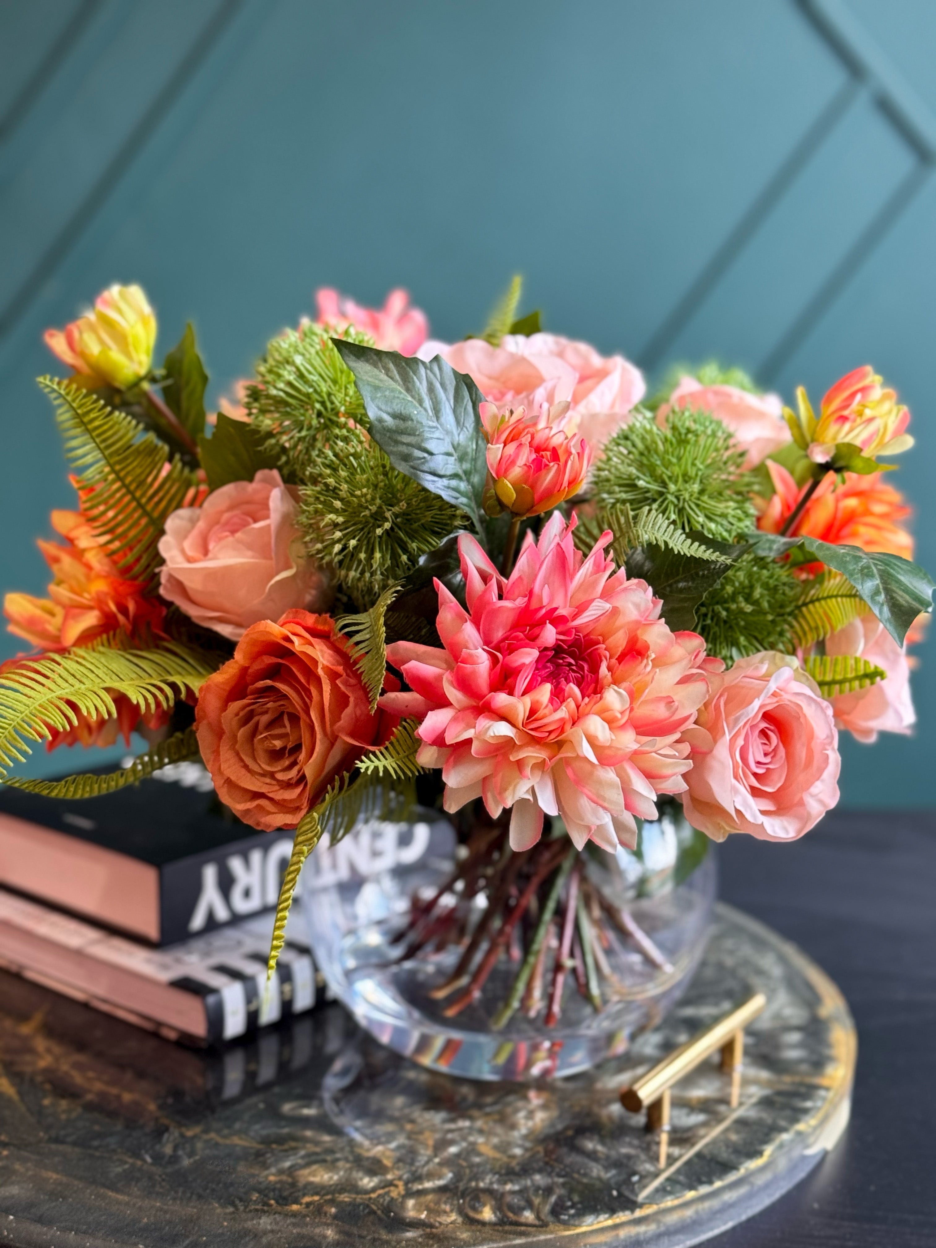 Elegant maintenance-free floral arrangement with realistic flowers and lush greenery for home décor.