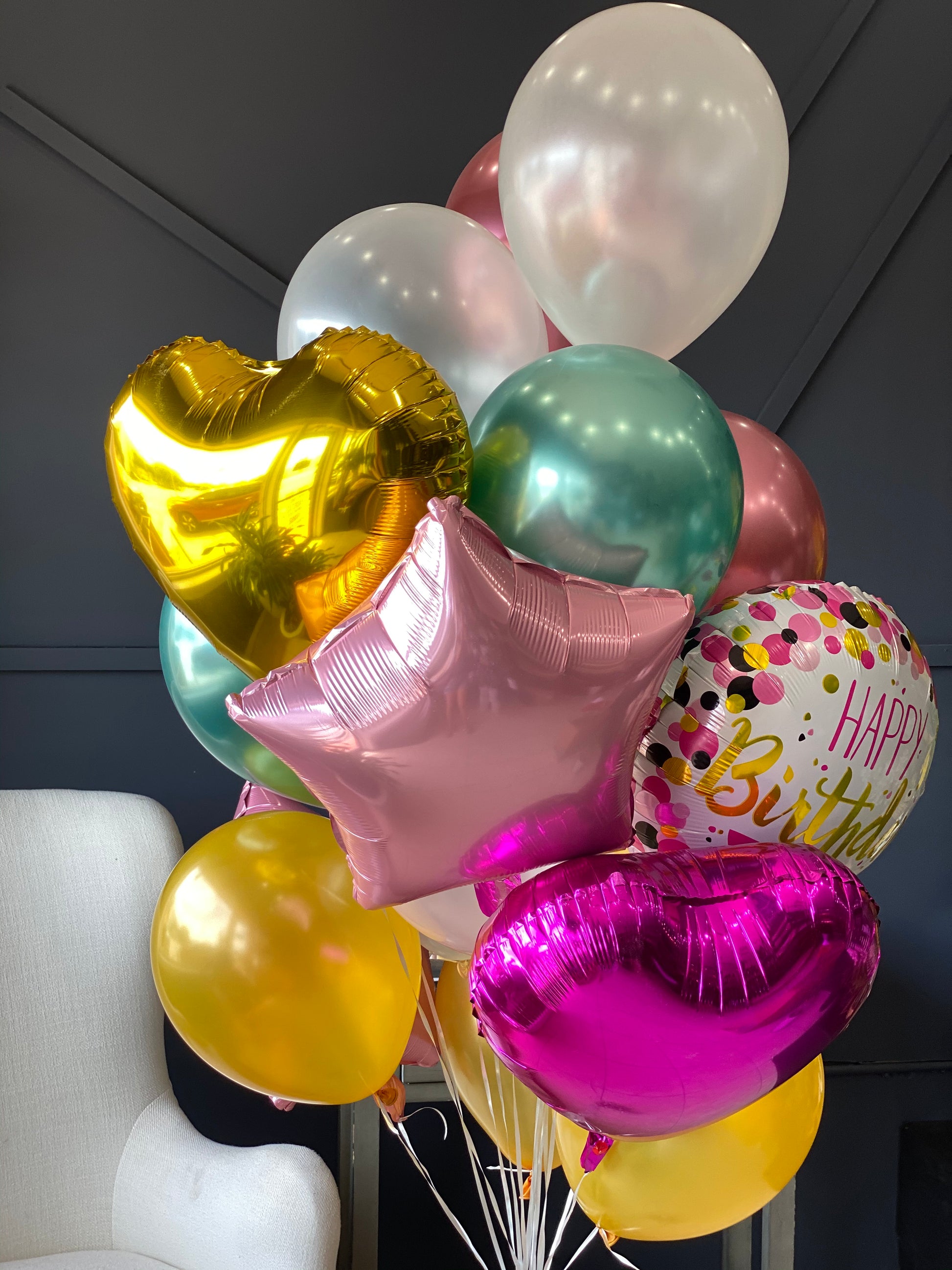 Festive foil and latex balloon bouquet for birthday delivery in Miami