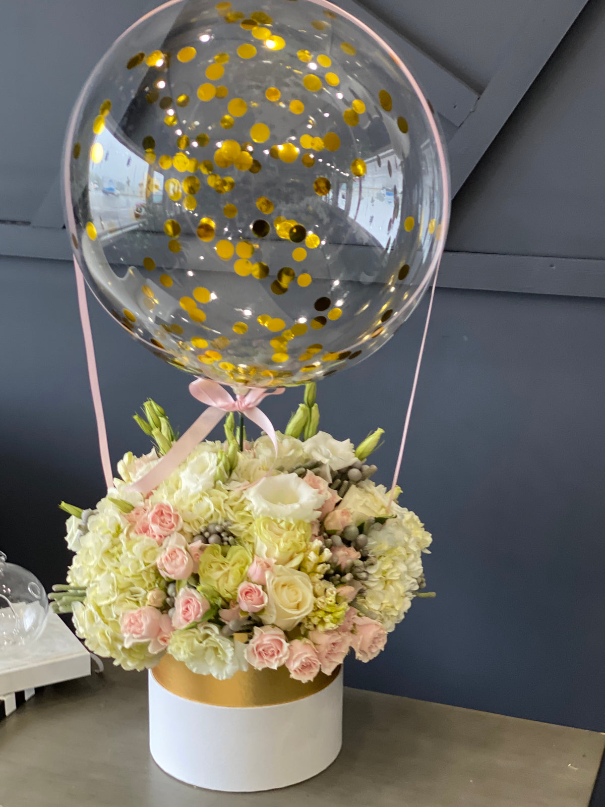 Flowers in a box with balloon Fly With Me Miami