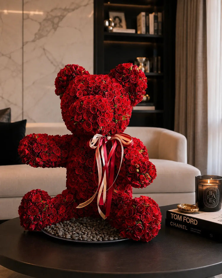 Fresh rose teddy bear Miami handcrafted from red roses