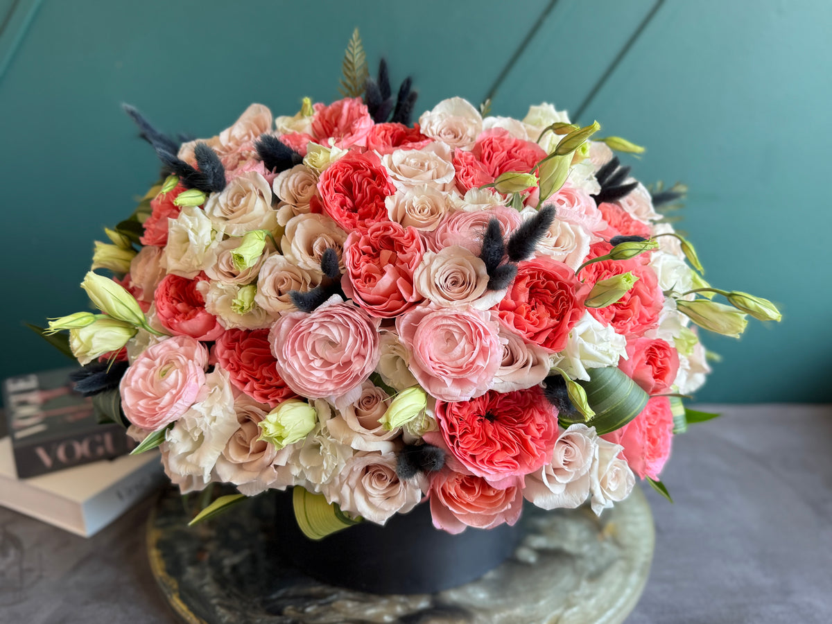 Garden roses ranunculus flower box in Miami