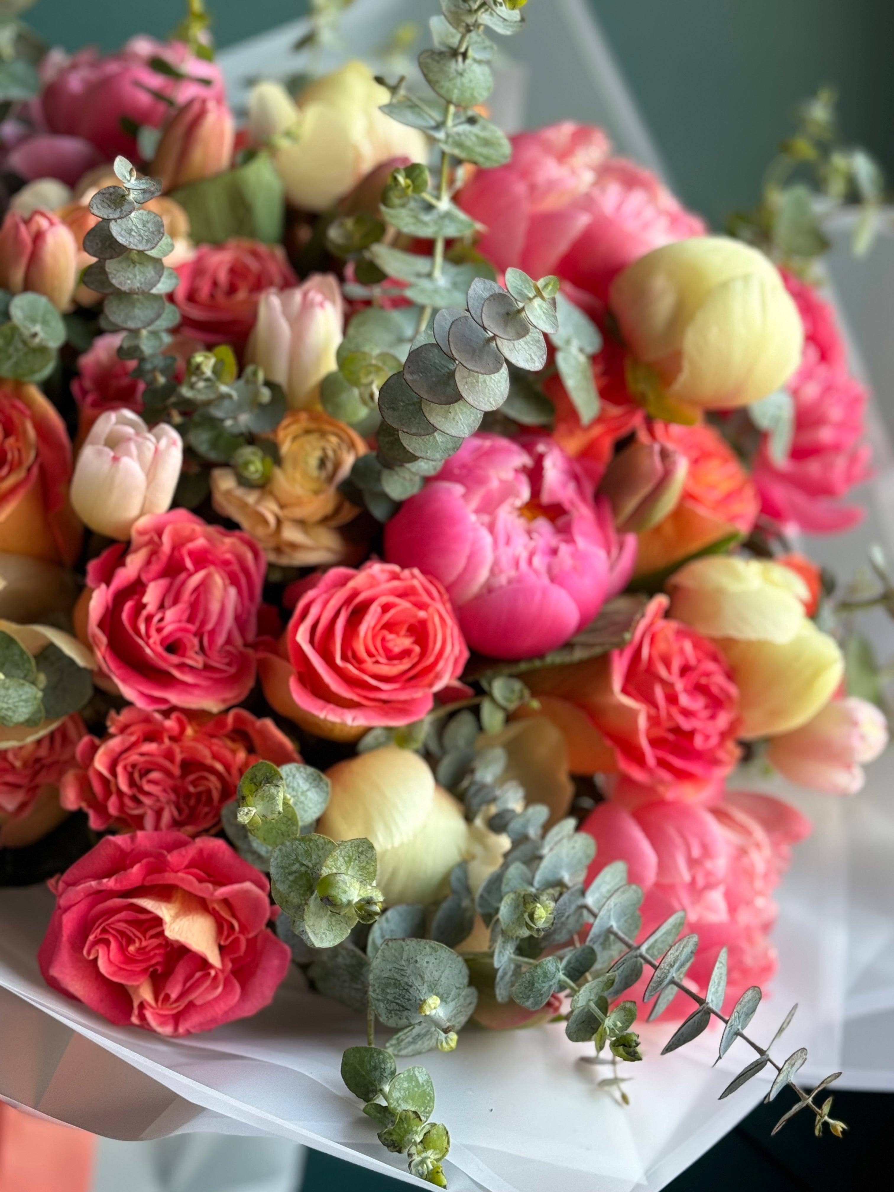 Garden roses tulips and peonies luxury flower bouquet