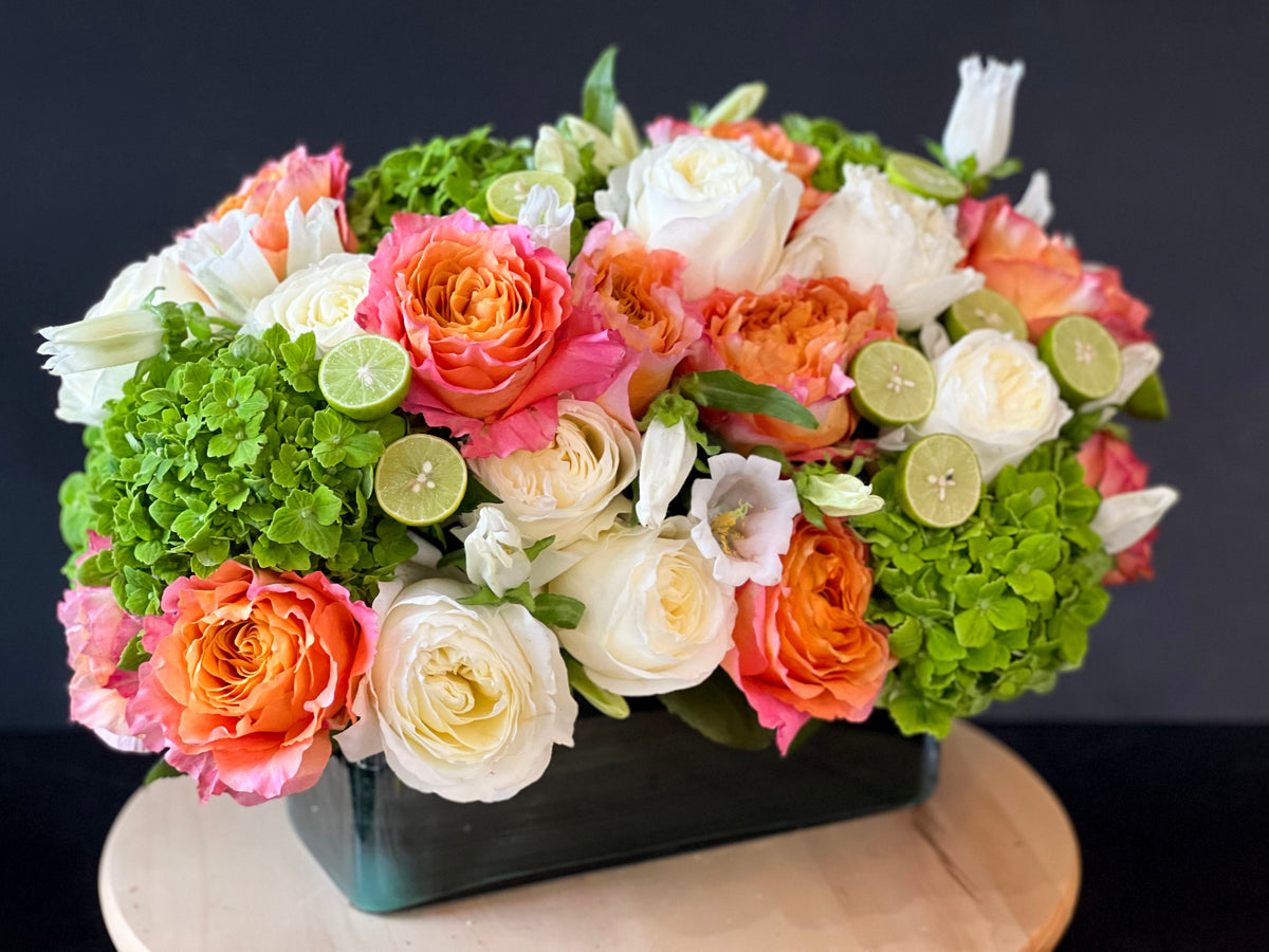 Garden roses with green hydrangea and fresh lime accents