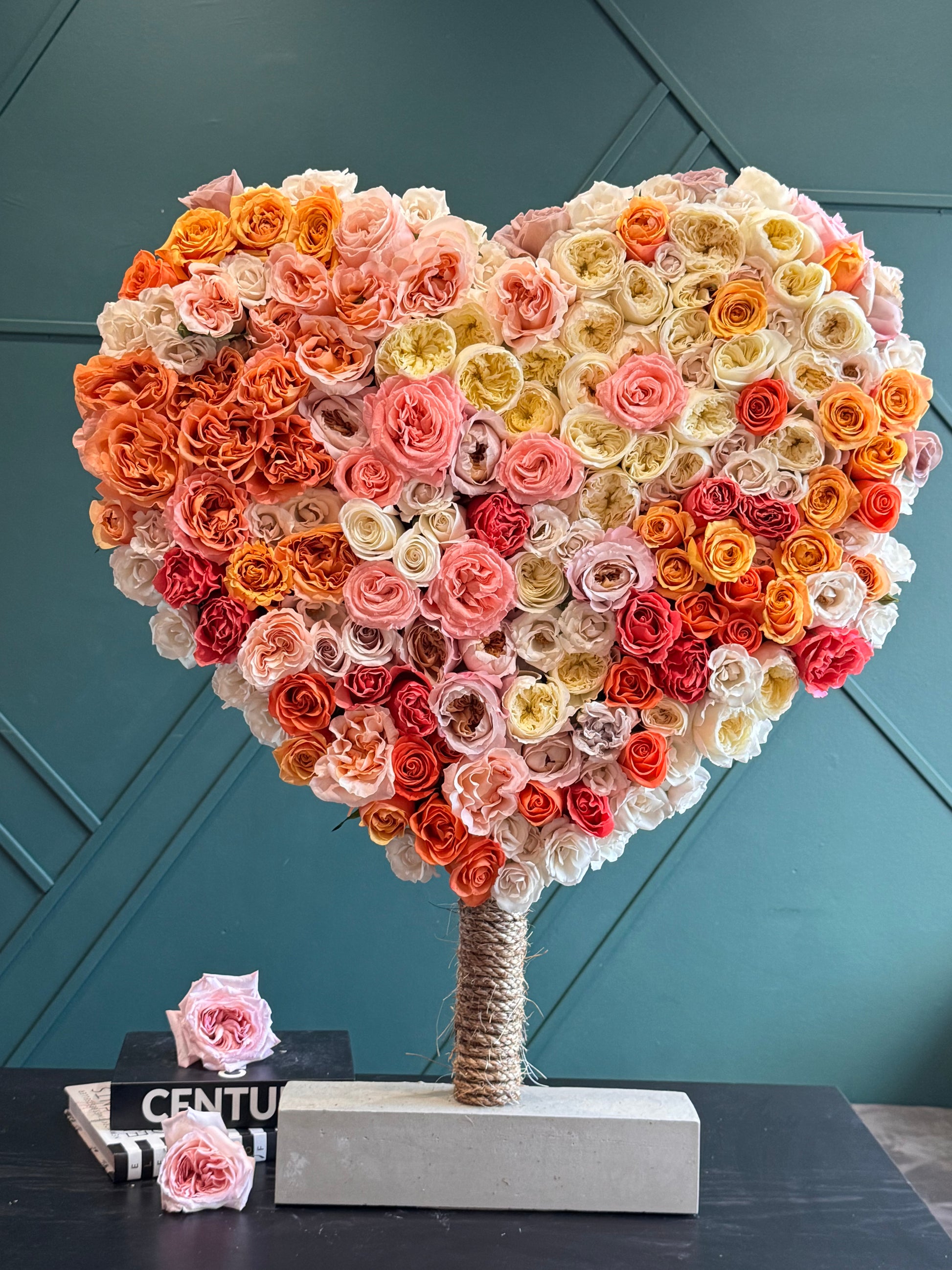 Giant Garden Rose Heart with 300 colorful garden roses on stand
