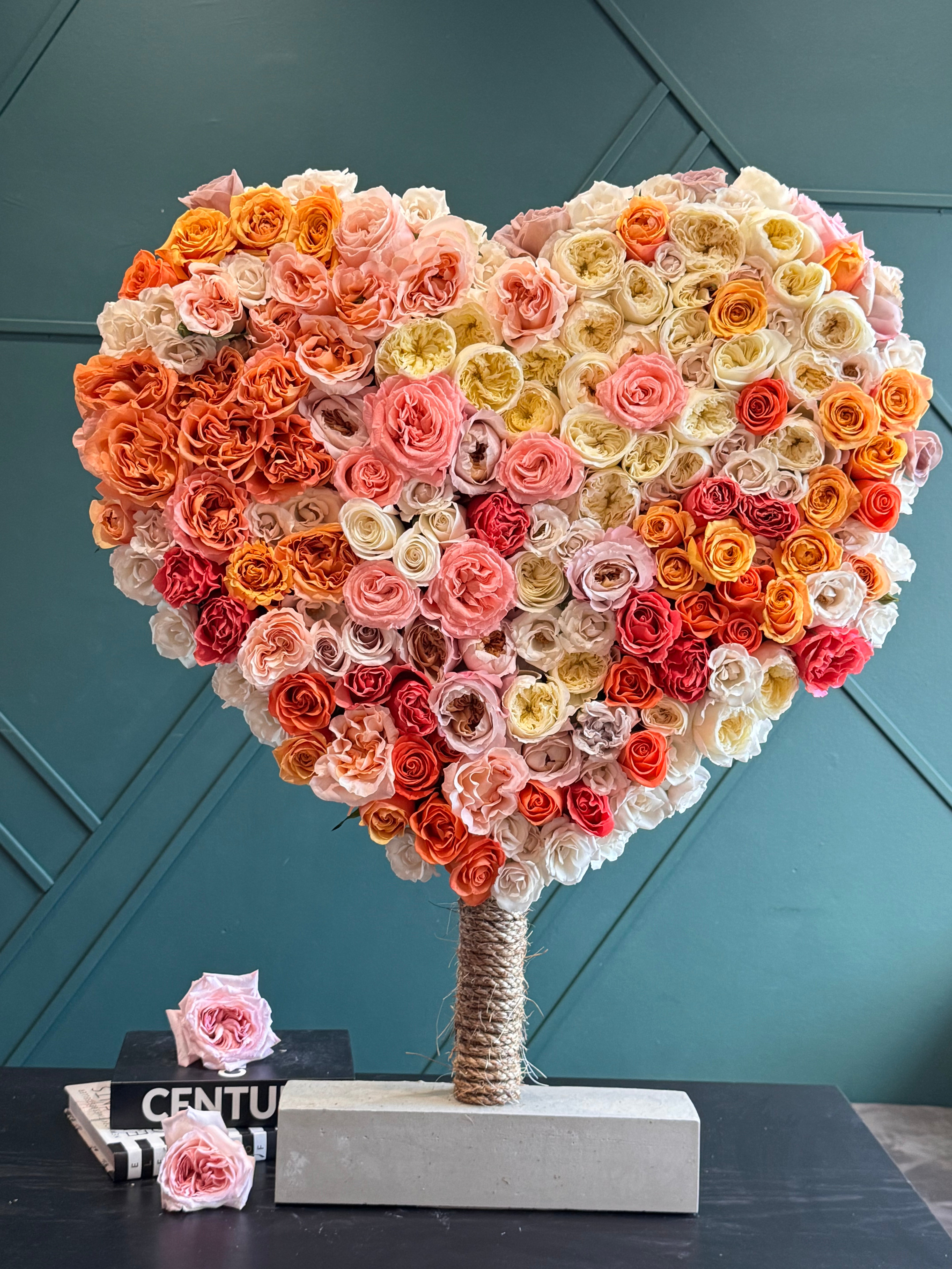 Giant Garden Rose Heart with 300 colorful garden roses on stand