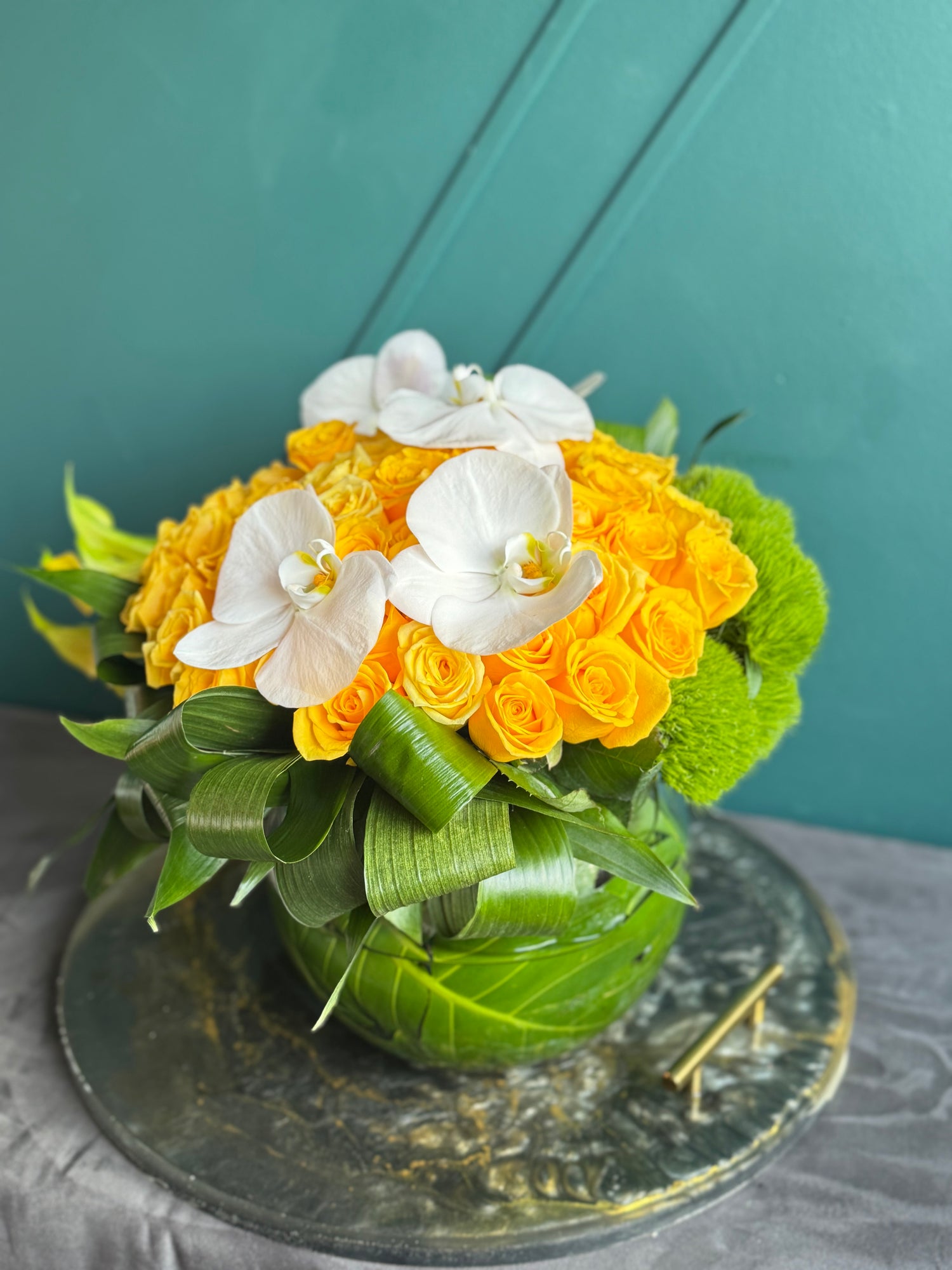 Golden Orchid Rose Bowl - 50 Yellow Roses Arrangement