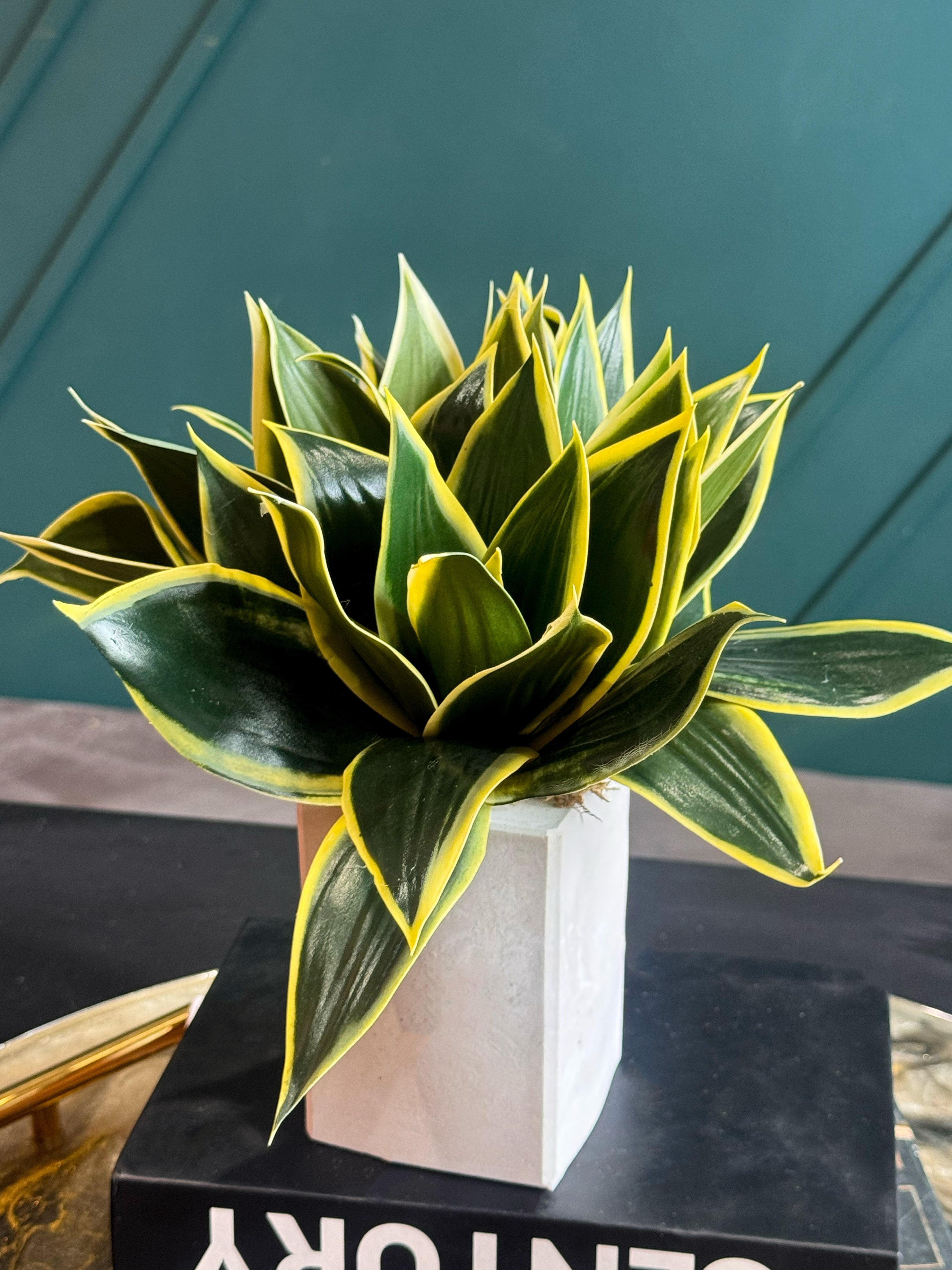 Handcrafted faux snake plant in a minimalist cement planter.
