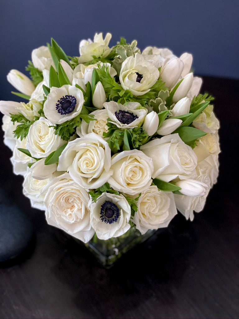 Handcrafted white flower arrangement by Luxury Flowers Miami