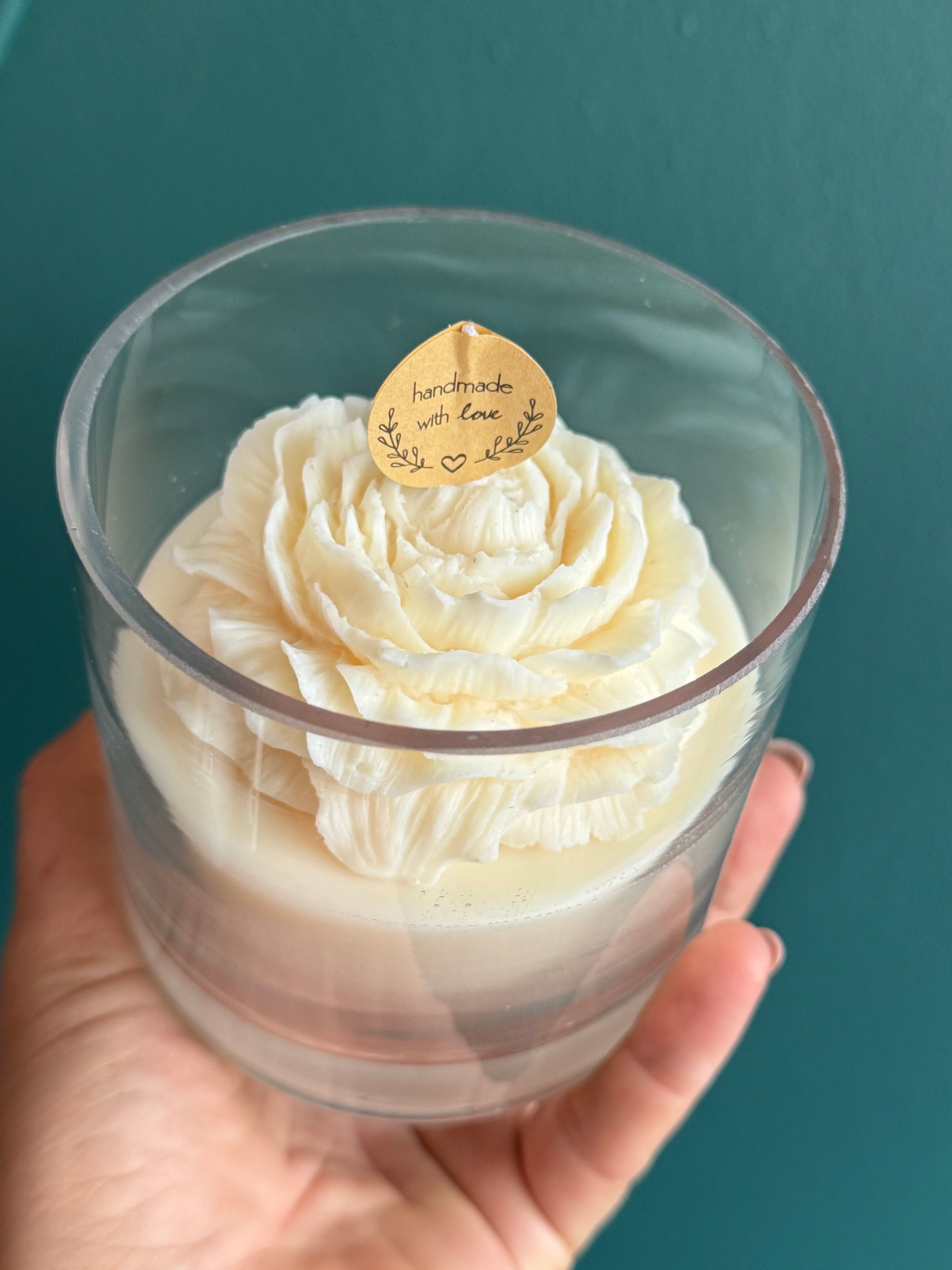 Handmade natural soy wax peony candle in glass vessel