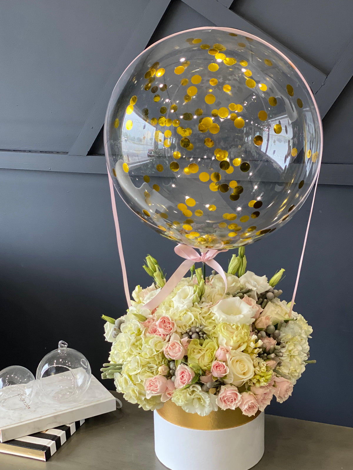 Hydrangeas roses and mini roses flower box with balloon