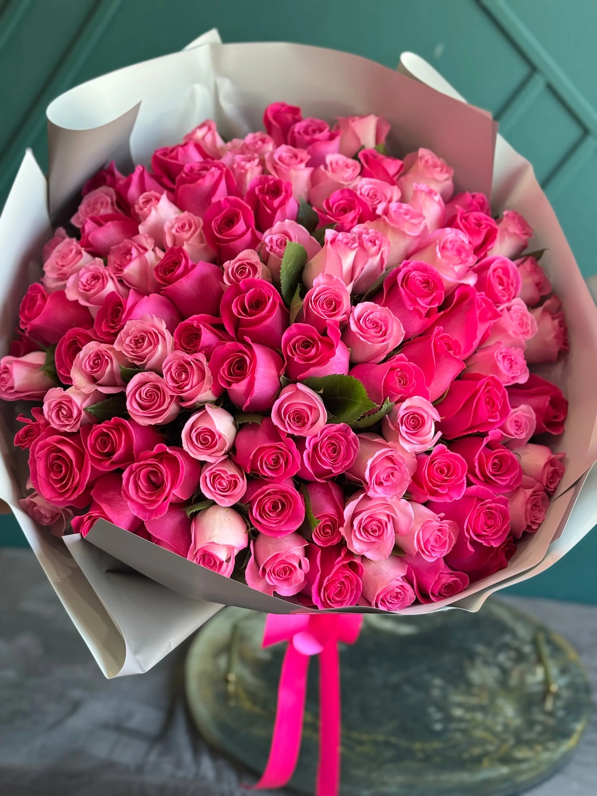 100 Pink Roses Bouquet | Luxury Hot & Light Pink Roses buy online Luxury Flowers Miami