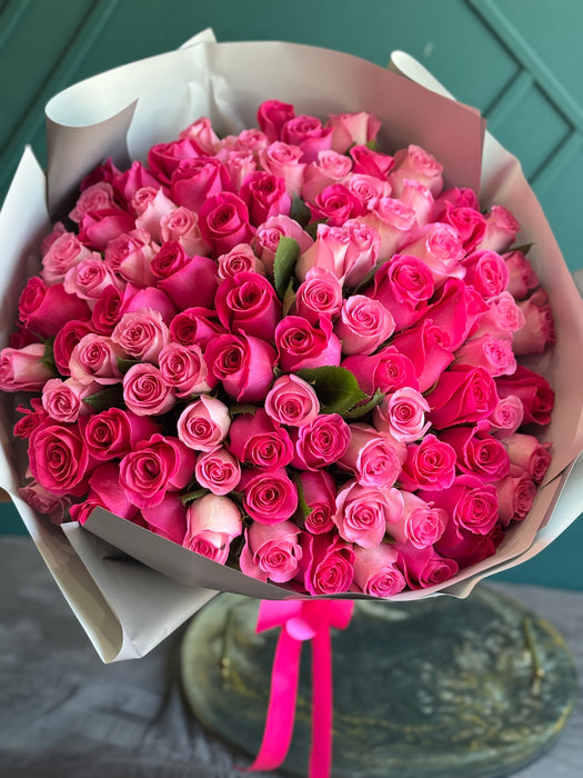 100 Hot Pink And Pink Roses Bouquet