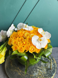50 Yellow Roses with Orchids & Calla Lilies in Fishbowl Vase