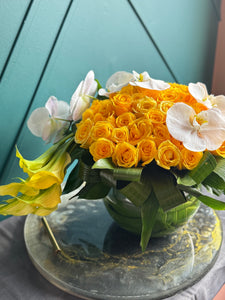 50 Yellow Roses with Orchids & Calla Lilies in Fishbowl Vase