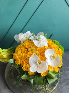 50 Yellow Roses with Orchids & Calla Lilies in Fishbowl Vase