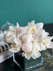 Peonies and Cymbidium Orchids in Cube Vase | Elegant Flower Design buy online Luxury Flowers Miami