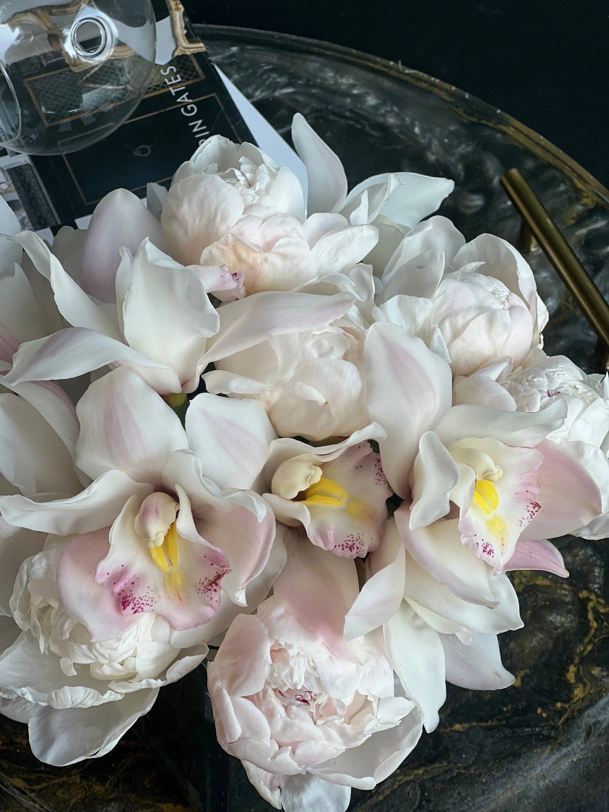 Peonies and Cymbidium Orchids in Cube Vase | Elegant Flower Design buy online Luxury Flowers Miami