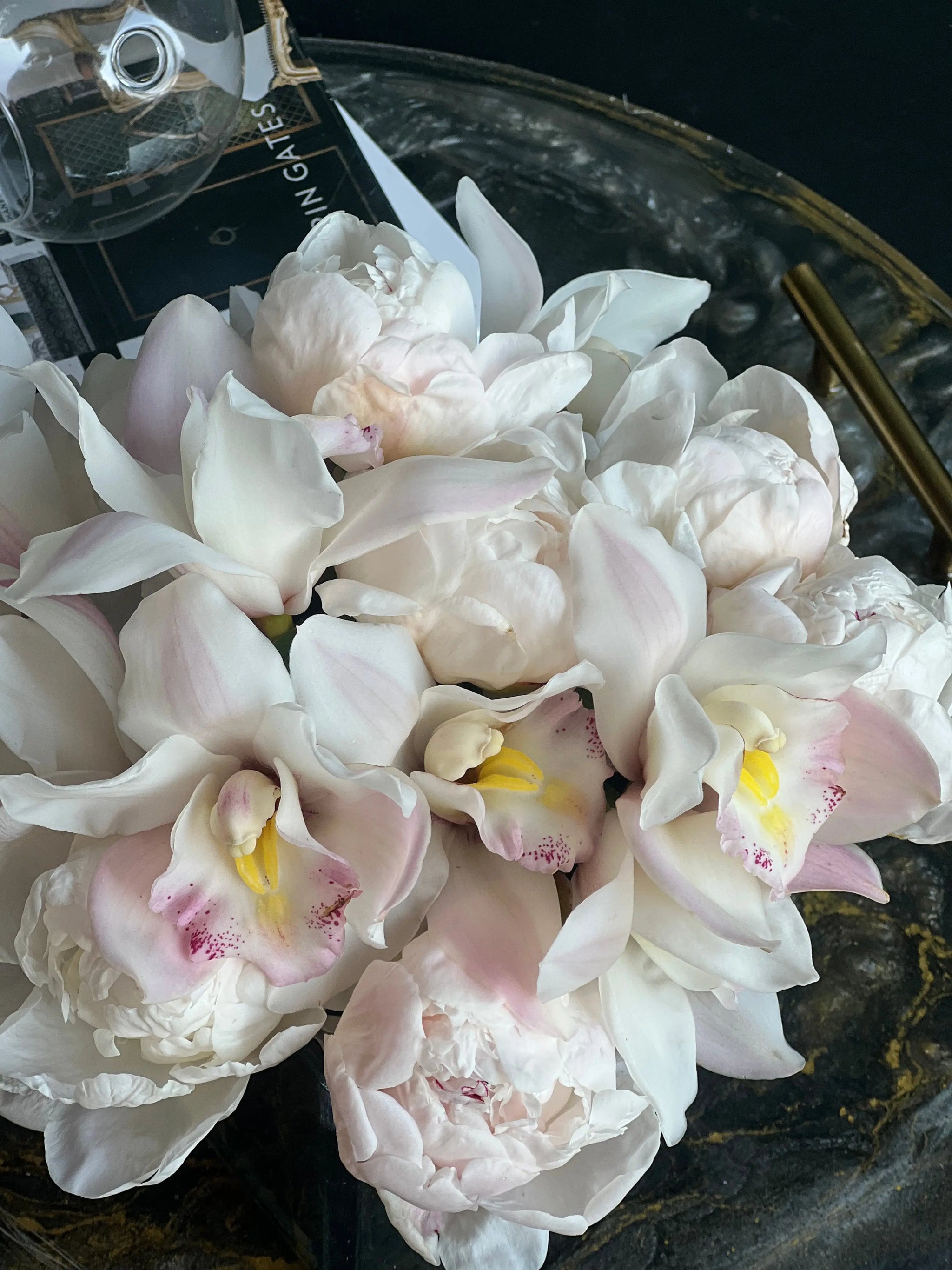 Peonies and Cymbidium Orchids in Cube Vase | Elegant Flower Design buy online Luxury Flowers Miami
