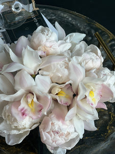 Peonies and Cymbidium Orchids in Cube Vase | Elegant Flower Design buy online Luxury Flowers Miami