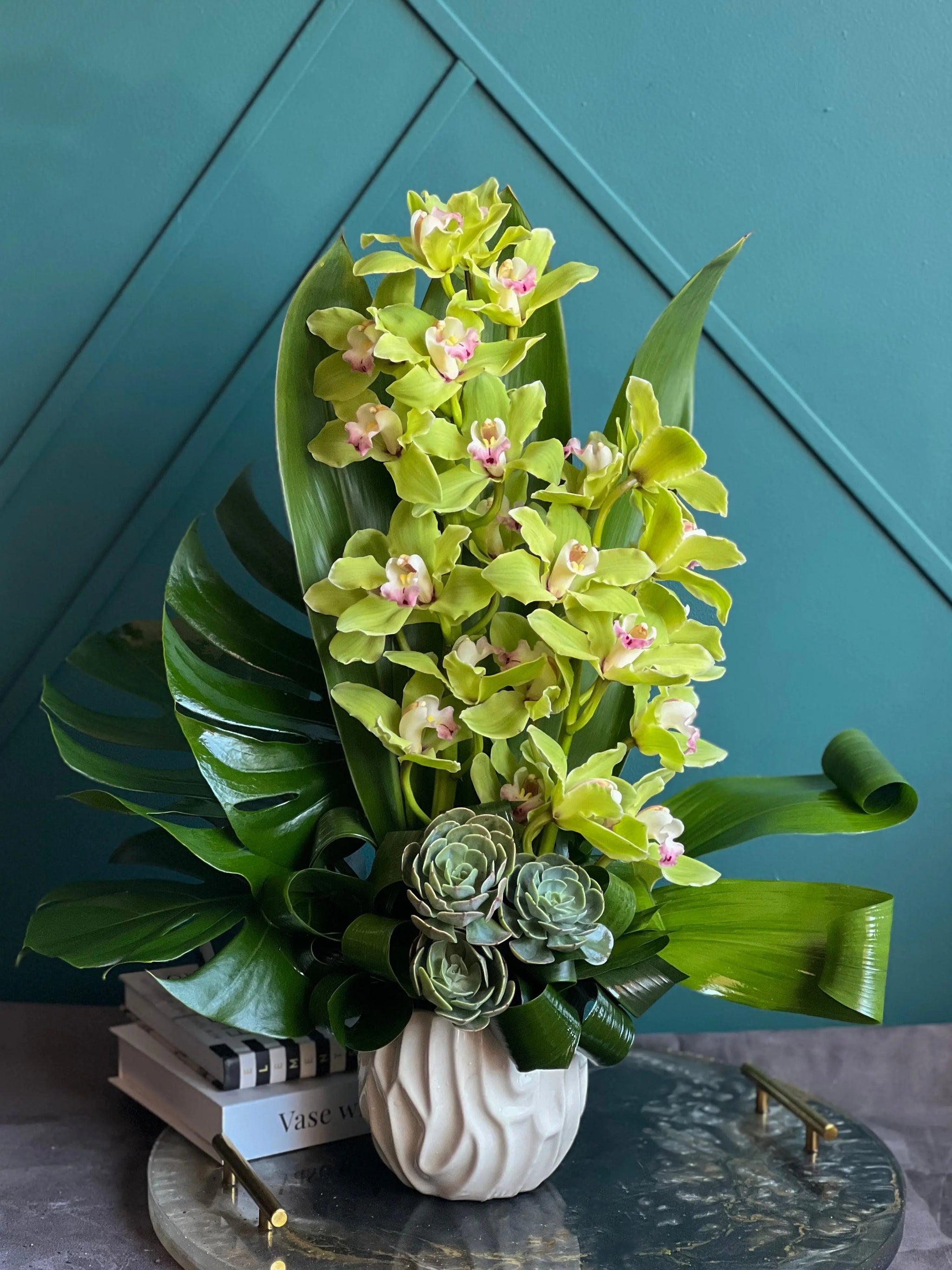 Cymbidium Orchids in Vase | Modern Compact Arrangement buy online Luxury Flowers Miami