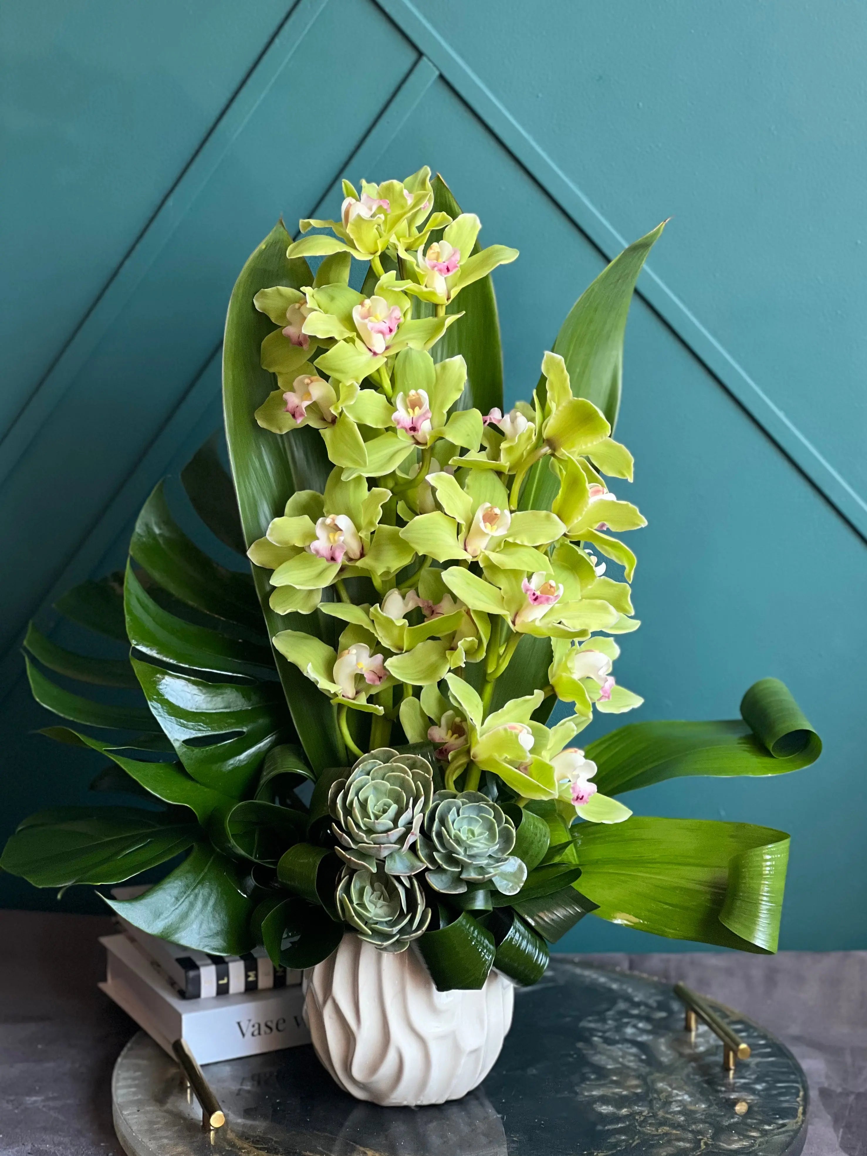 Cymbidium Orchids in Vase | Modern Compact Arrangement buy online Luxury Flowers Miami
