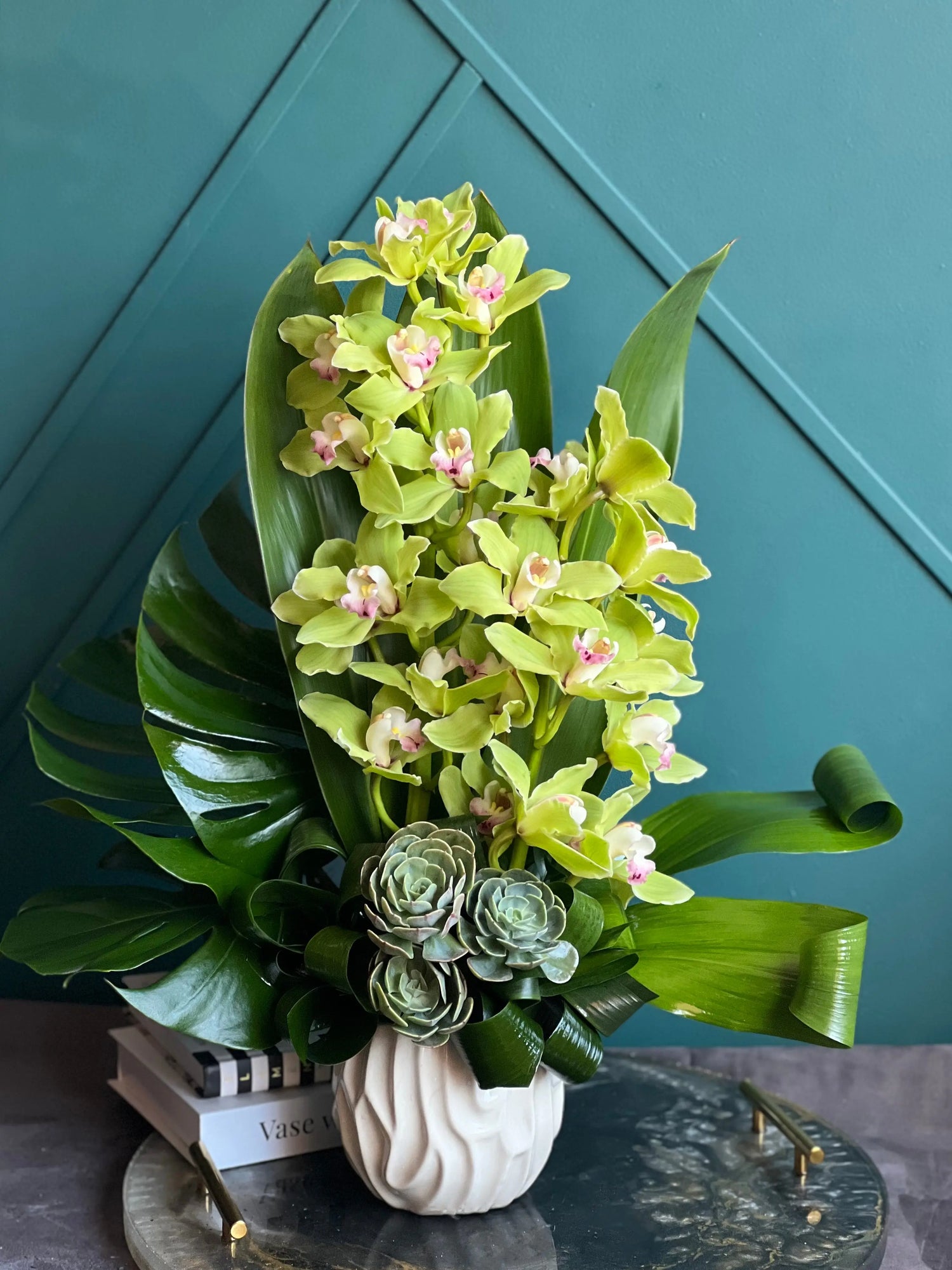 Cymbidium Orchids in Vase | Modern Compact Arrangement buy online Luxury Flowers Miami