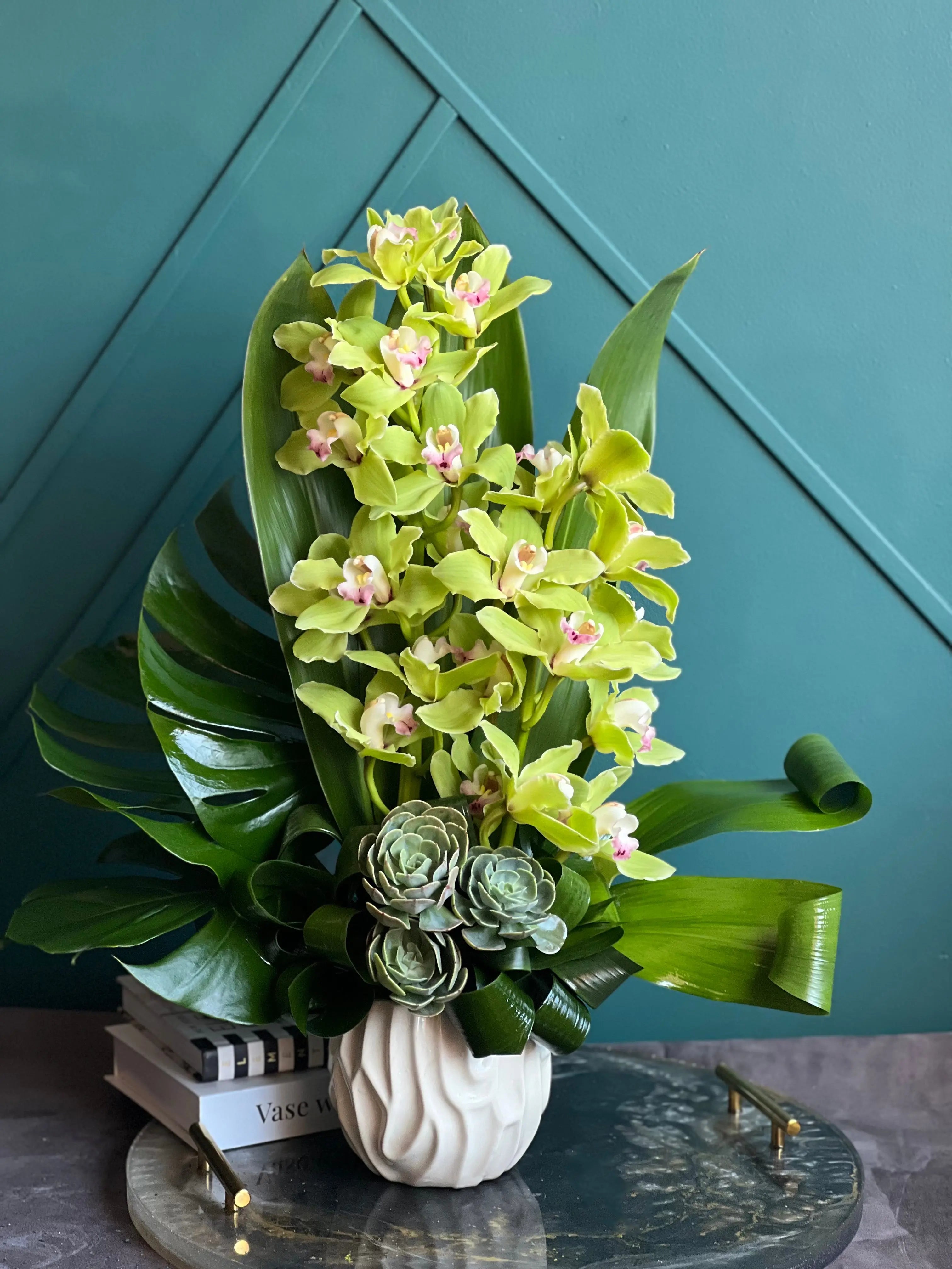 Cymbidium Orchids in Vase | Modern Compact Arrangement buy online Luxury Flowers Miami